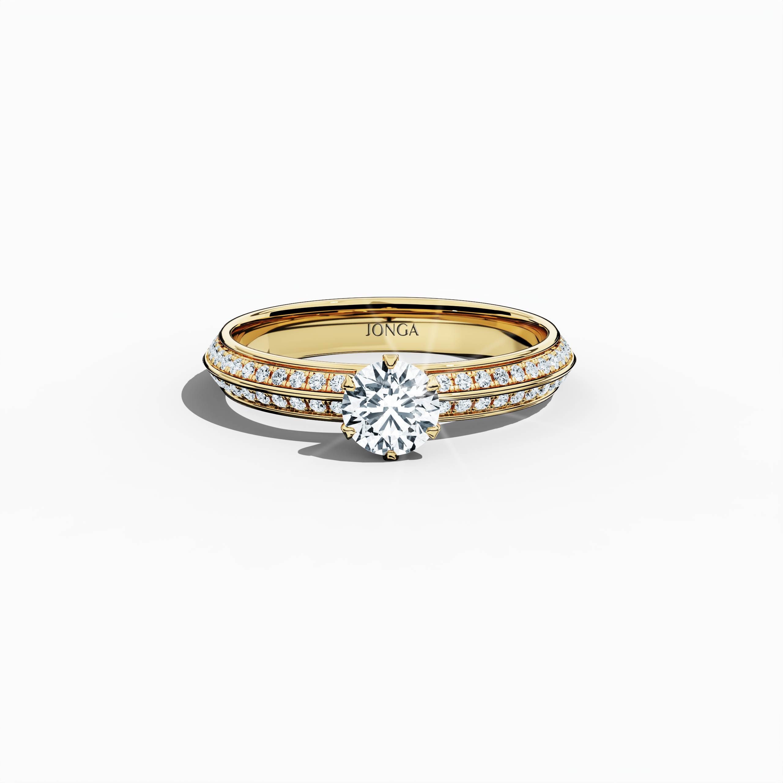 Elegant 0.90 ct diamond ring in a six‑prong setting with a pavé band – including a 0.50 ct center diamond and 0.40 ct side stones – rendered in classic yellow gold with a dual‑tier, step‑accented band and a defined midline. Captured from a front top view, this fine jewelry/fine jewellery ring highlights its luxurious pavé detail and warm radiance.