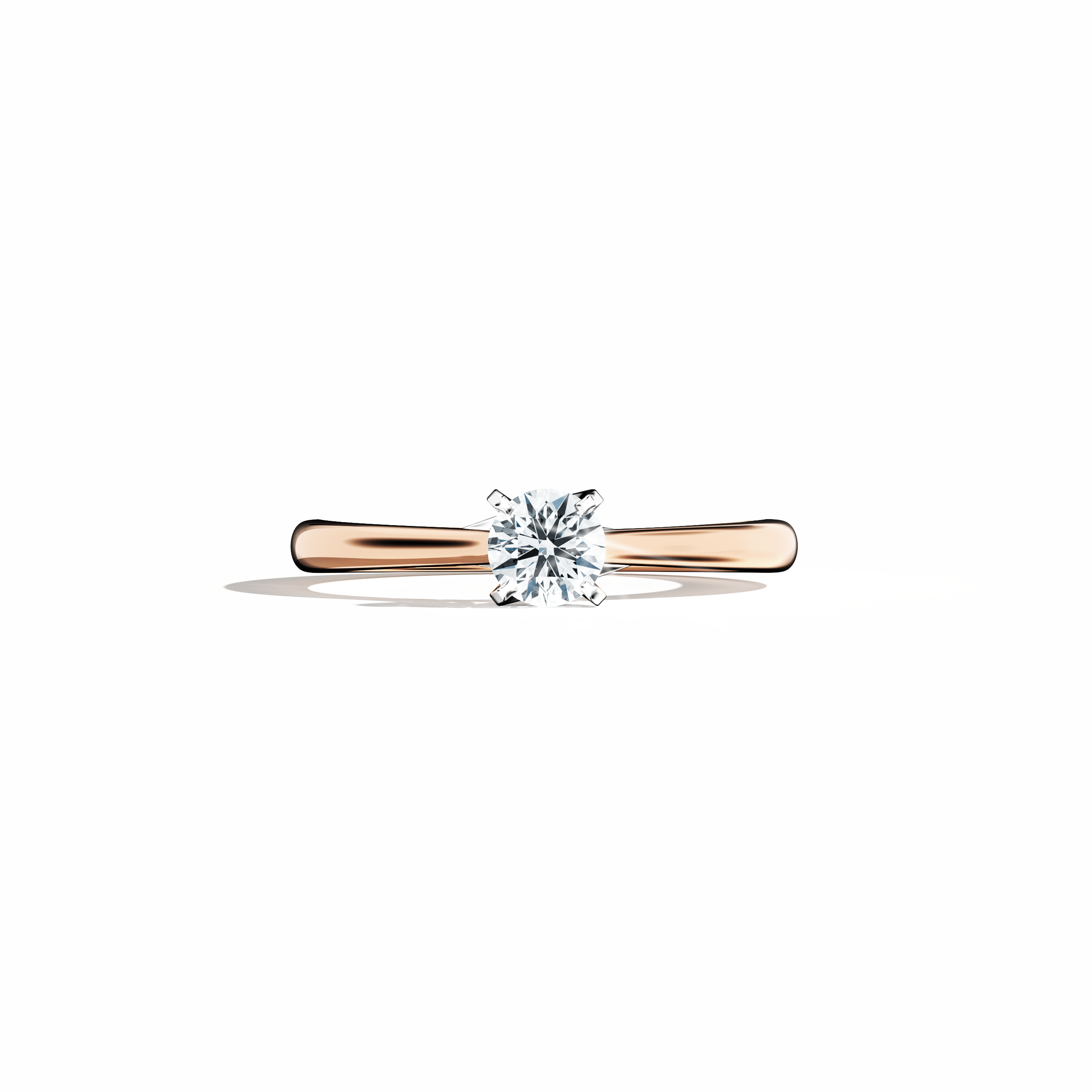 Solitaire ring with a 0.30 ct center diamond in a unique twisted bottom setting with four‑tap prongs in white gold, complemented by a soft rose gold band (blush/pink gold). Shown in a sleeping front view on a flat surface, this fine jewelry/fine jewellery ring radiates warm, romantic elegance and modern style.