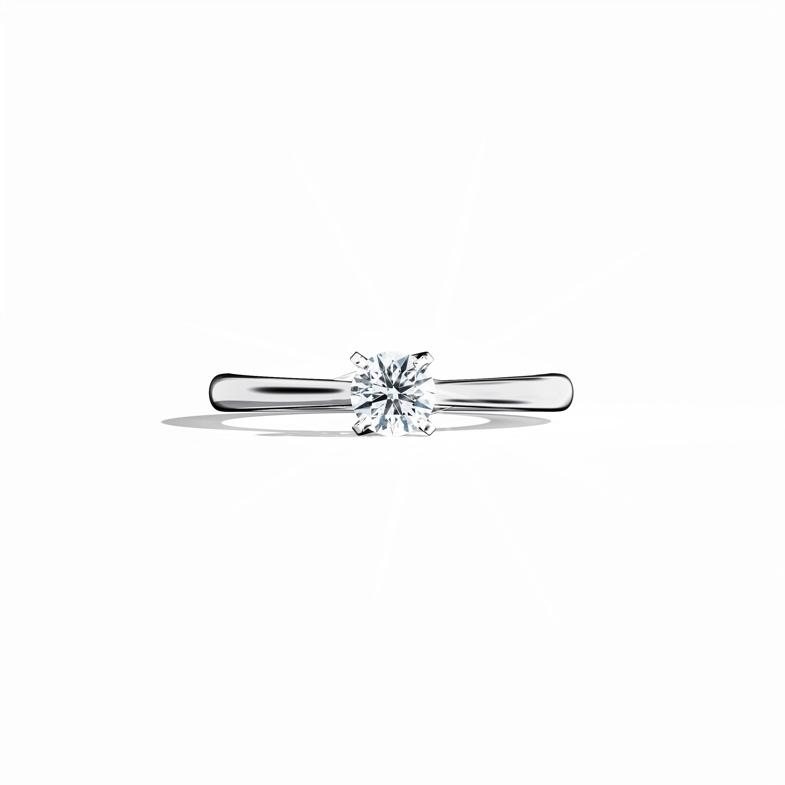 Solitaire ring with a 0.30 ct center diamond in a unique twisted bottom setting with four‑tap prongs in white gold, paired with a bright white gold band. Shown in a sleeping front view on a flat surface, this fine jewelry/fine jewellery ring highlights its sleek, modern design and luminous finish.