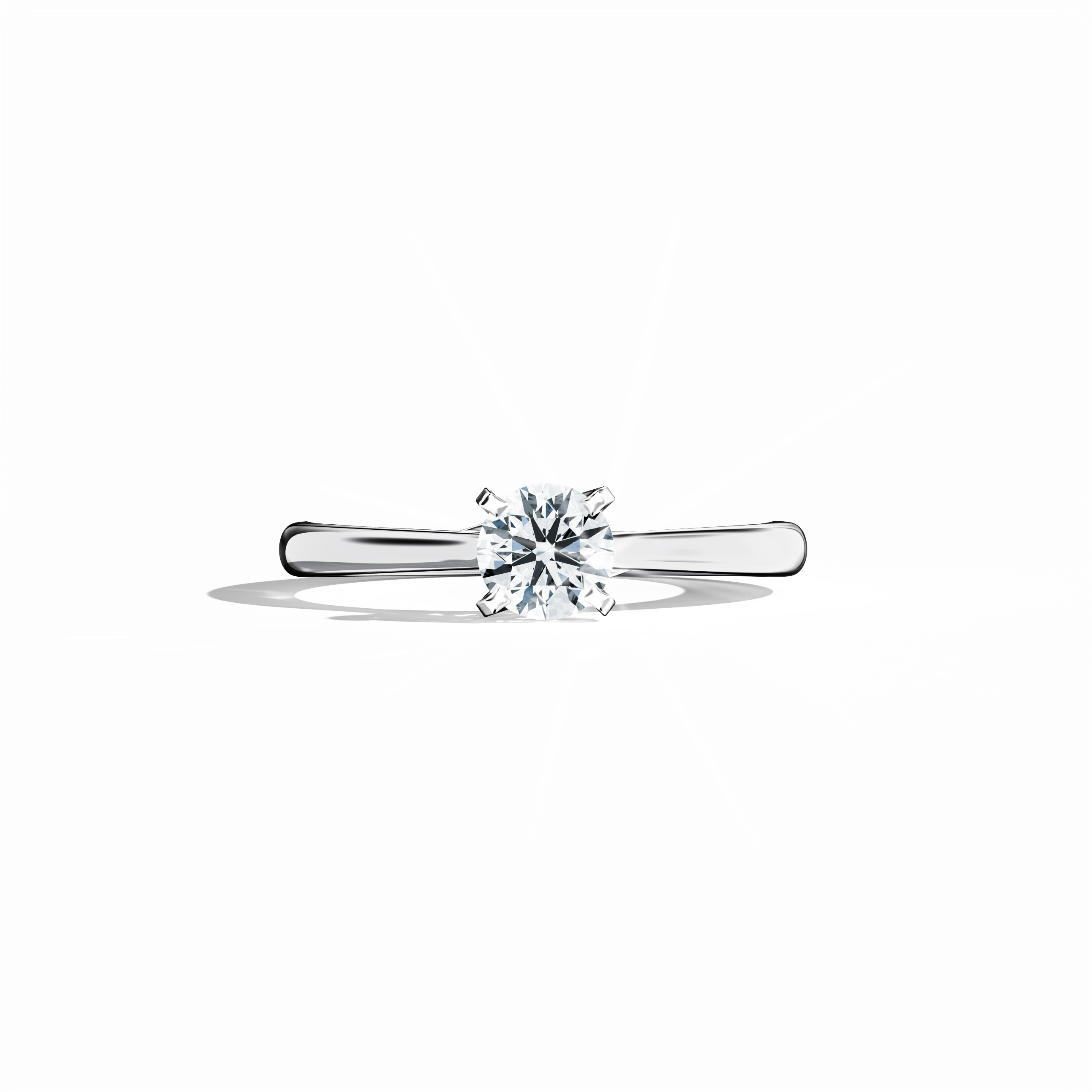 Solitaire ring with a 0.50 ct center diamond in a unique twisted bottom setting and four‑tap prong detailing in white gold, paired with a bright white gold band. Shown in a sleeping front view on a flat surface, this fine jewelry/fine jewellery piece highlights its modern design and luminous, silvery finish.