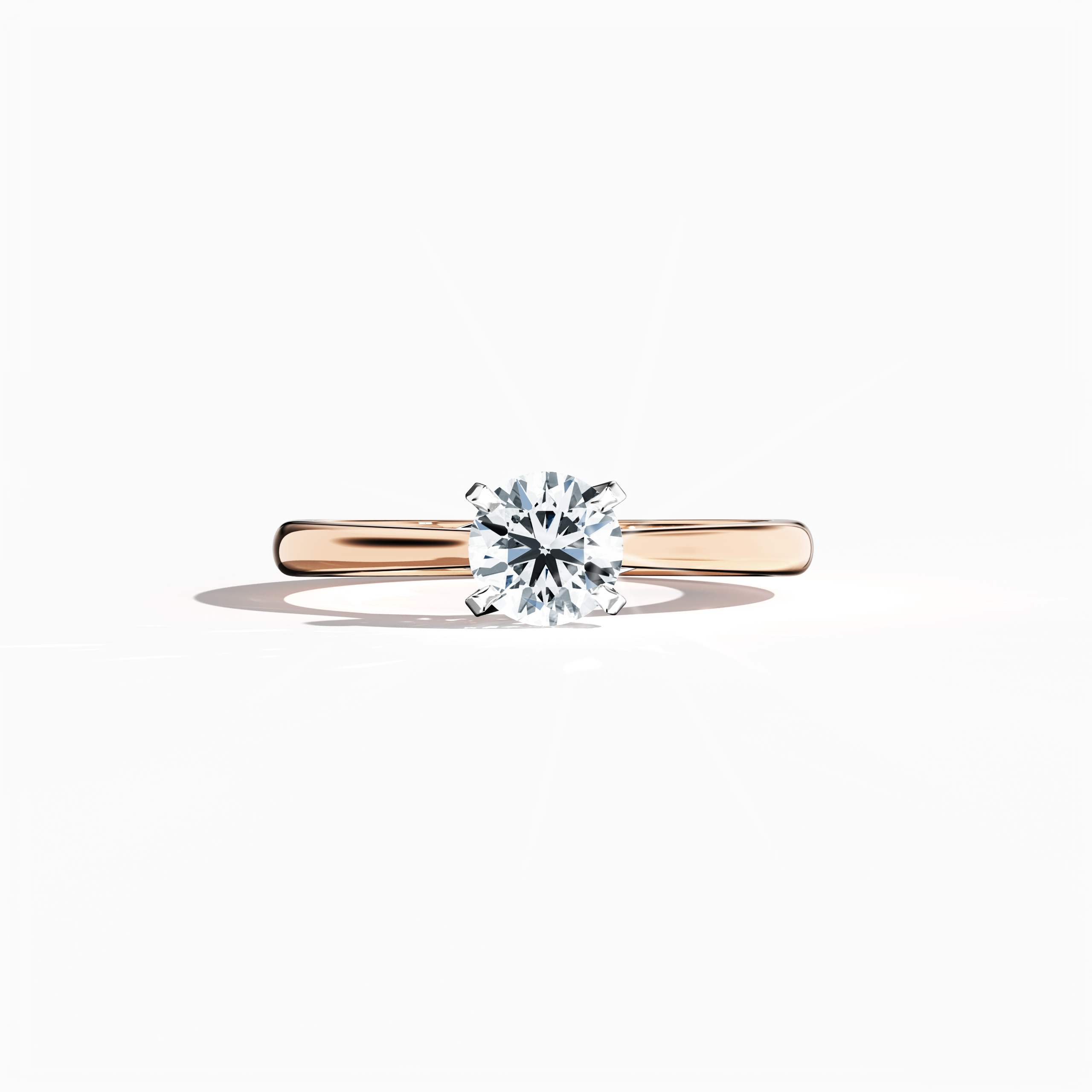 Solitaire ring with a 0.70 ct center diamond in a unique twisted bottom setting and four‑tap prong detail in white gold, paired with a soft rose gold band (blush/pink gold). Shown in a sleeping front view on a flat surface, this fine jewelry/fine jewellery ring radiates warm, romantic elegance and modern design.