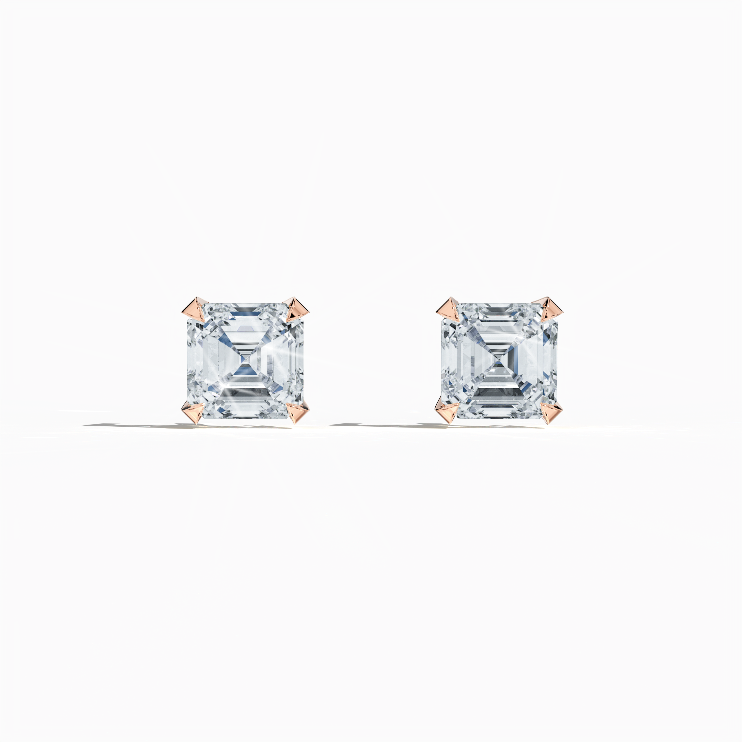 Front view of 1-carat natural diamond earring in 18k rose gold with nail prong setting; features an Asscher cut diamond (also referred to as square emerald cut or step cut diamond in certain markets) – luxury fine jewelry/fine jewellery ear accessory.