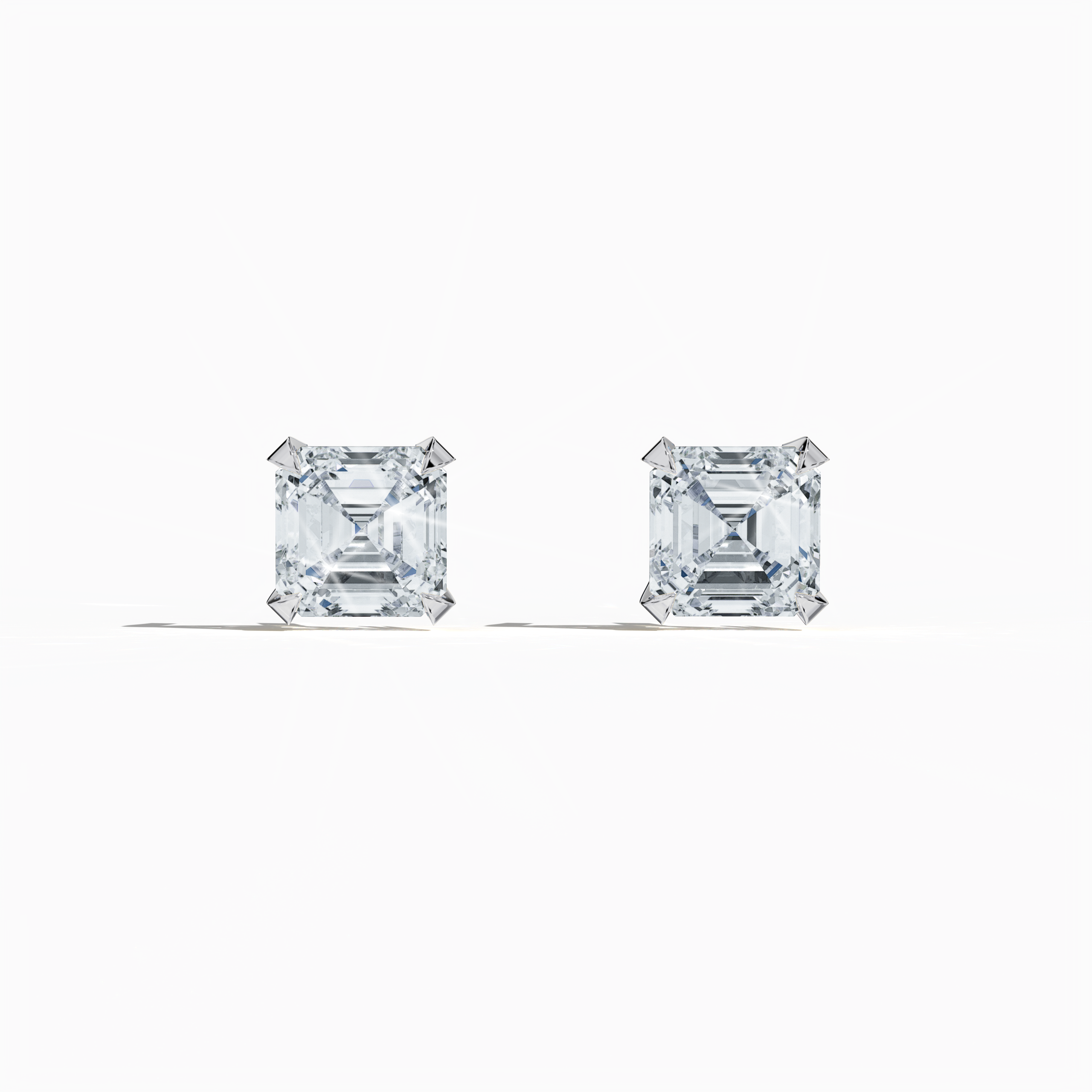 Front view of 1-carat natural diamond earring in 18k white gold with nail prong setting; features an Asscher cut diamond (also referred to as square emerald cut or step cut diamond in certain markets) – luxury fine jewelry/fine jewellery ear accessory.