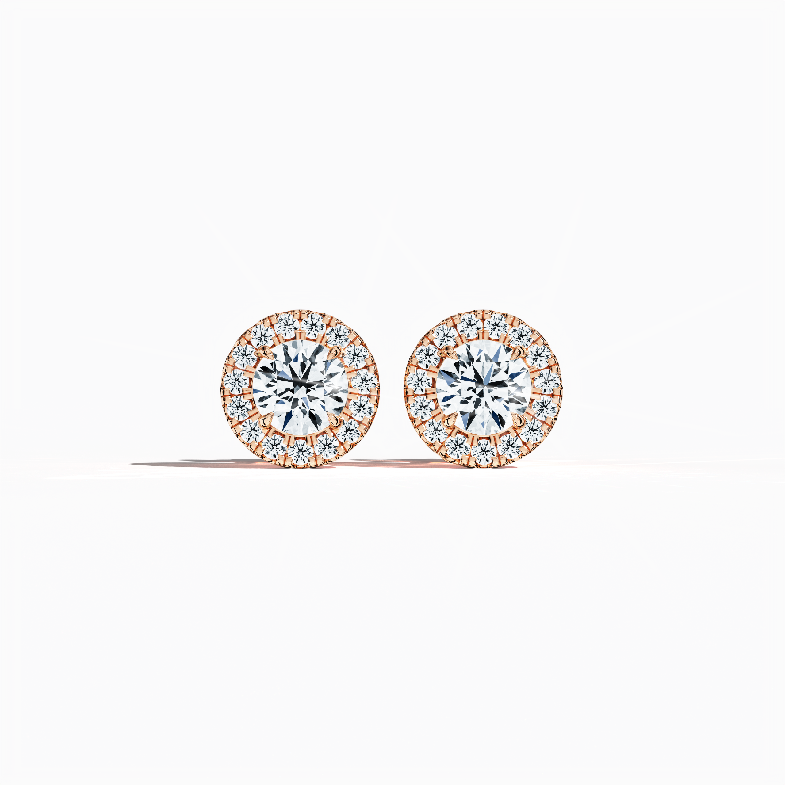 Front view of 1.30 carat natural diamond eternity halo earrings in nail prong/ claw settings with flower butterfly screw lock in 18k Rose gold.