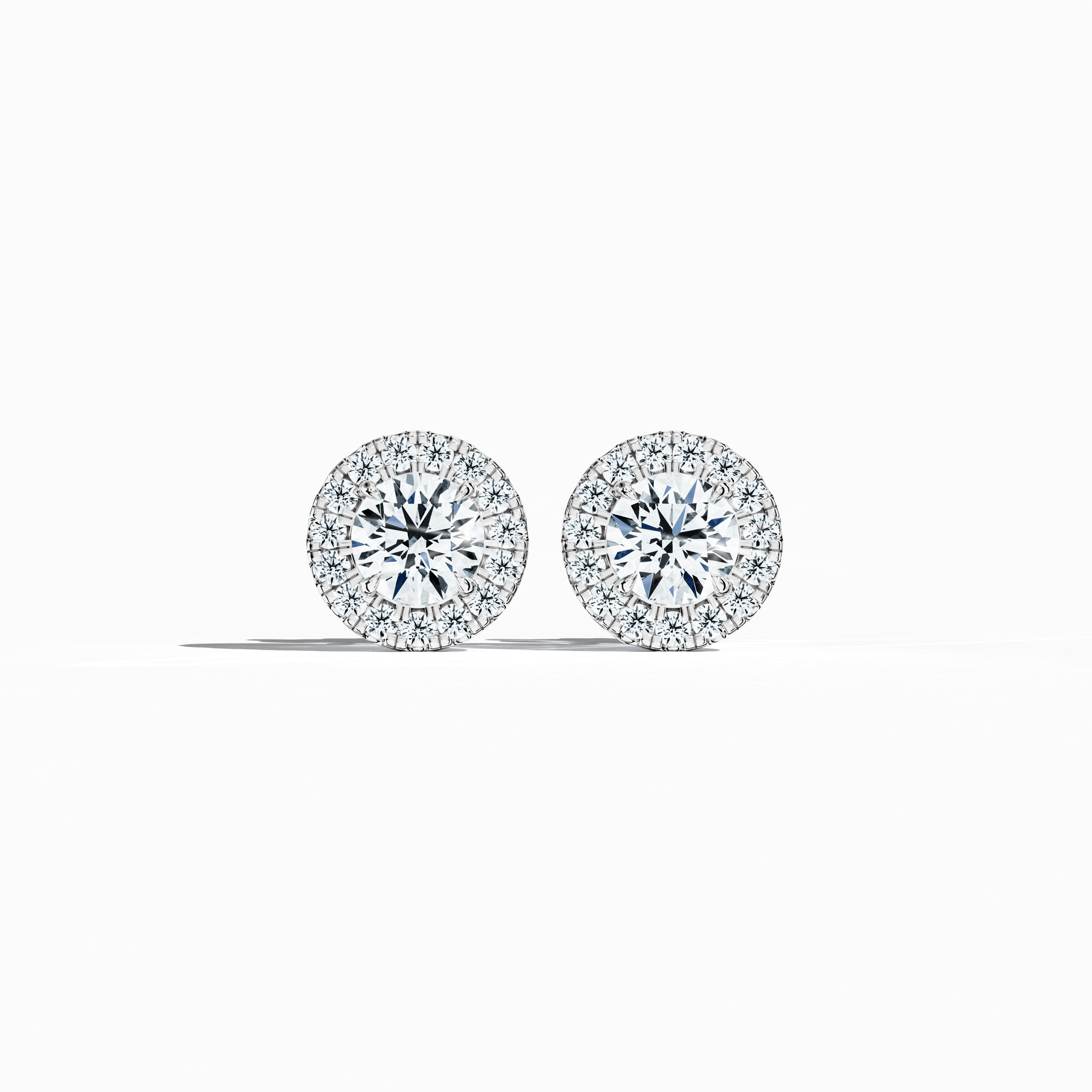 Front view of 1.30 carat natural diamond eternity halo earrings in nail prong/ claw settings with flower butterfly screw lock in 18k White gold.