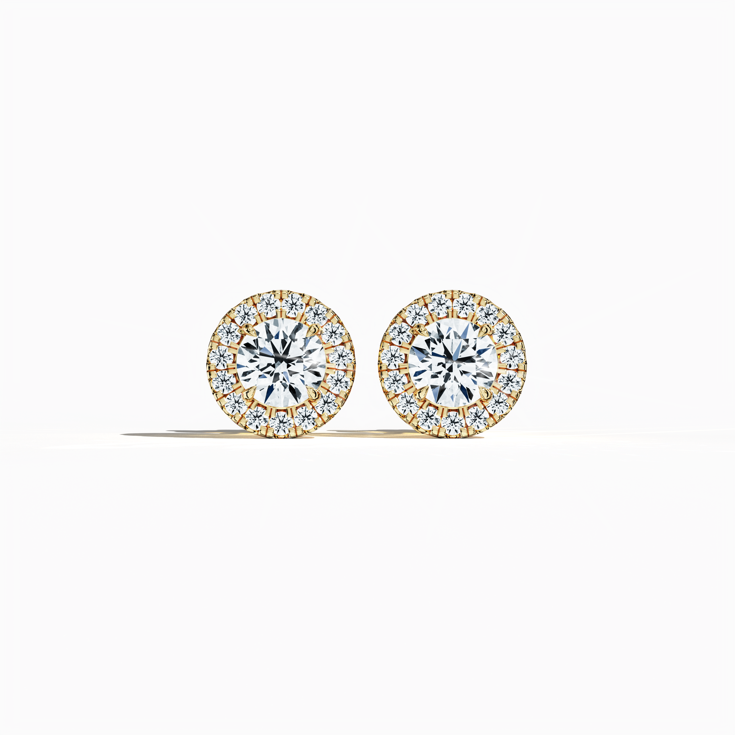 Front view of 1.30 carat natural diamond eternity halo earrings in nail prong/ claw settings with flower butterfly screw lock in 18k yellow gold.