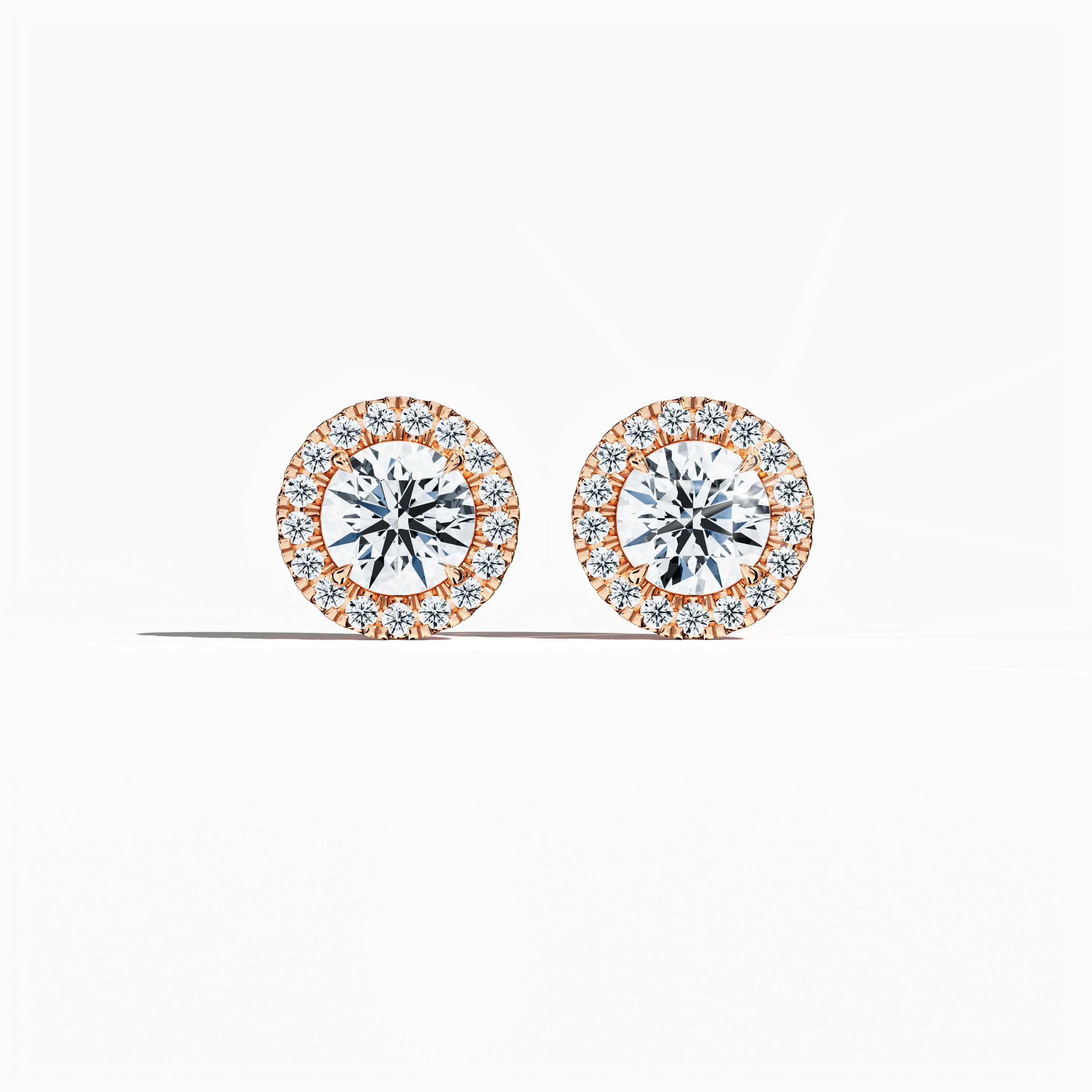 Front view of 2.40 carat natural diamond eternity halo earrings in nail prong/ claw settings with flower butterfly screw lock in 18k Rose gold.