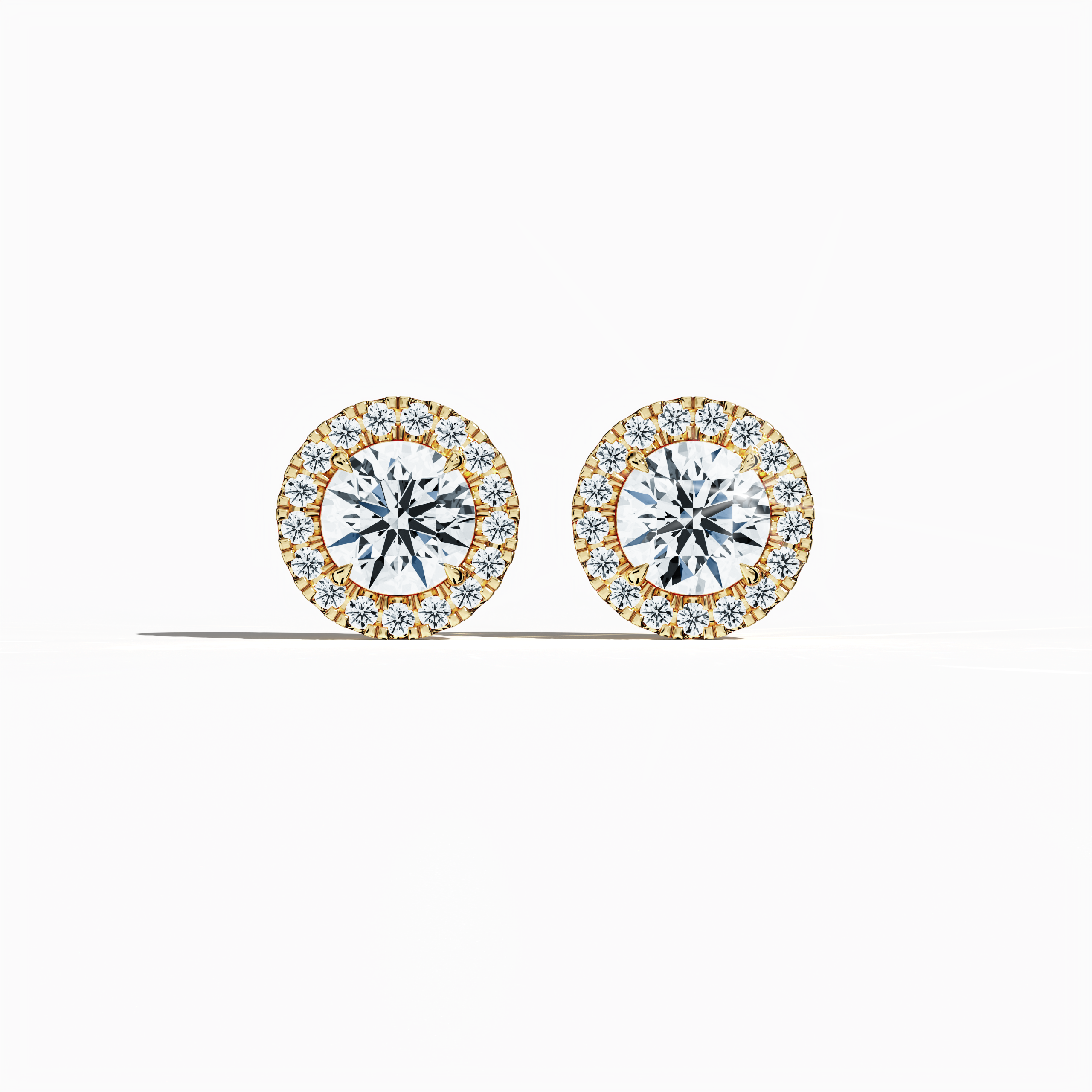 Front view of 2.40 carat natural diamond eternity halo earrings in nail prong/ claw settings with flower butterfly screw lock in 18k Yellow gold.
