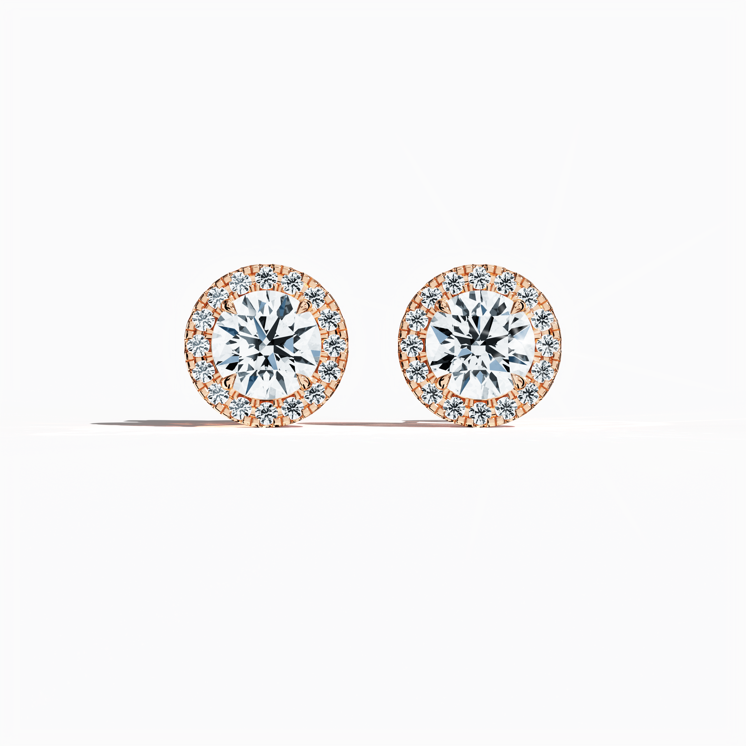Front view of 4.40 carat natural diamond eternity halo earrings in nail prong/ claw settings with flower butterfly screw lock in 18k Rose gold.