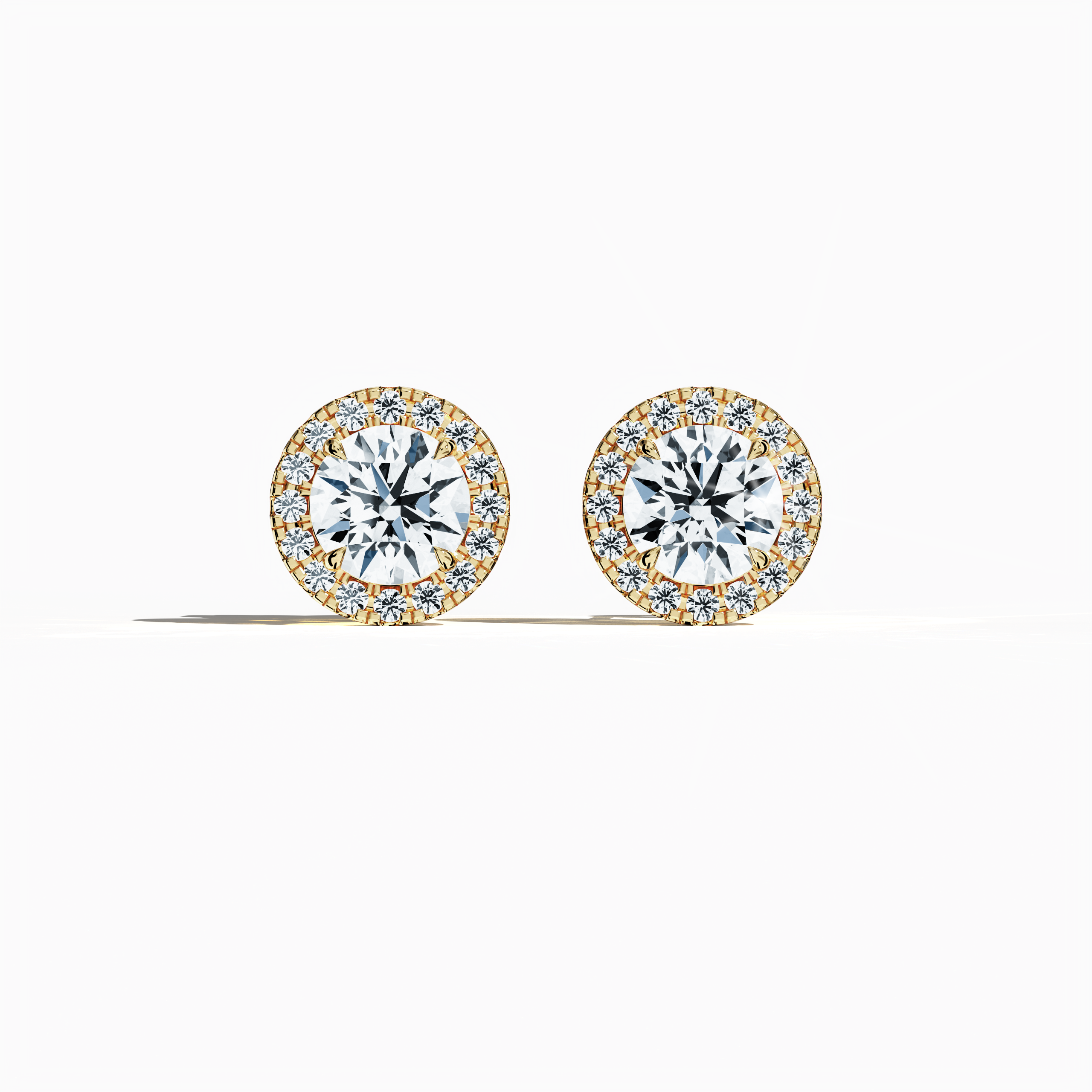 Front view of 4.40 carat natural diamond eternity halo earrings in nail prong/ claw settings with flower butterfly screw lock in 18k yellow gold.