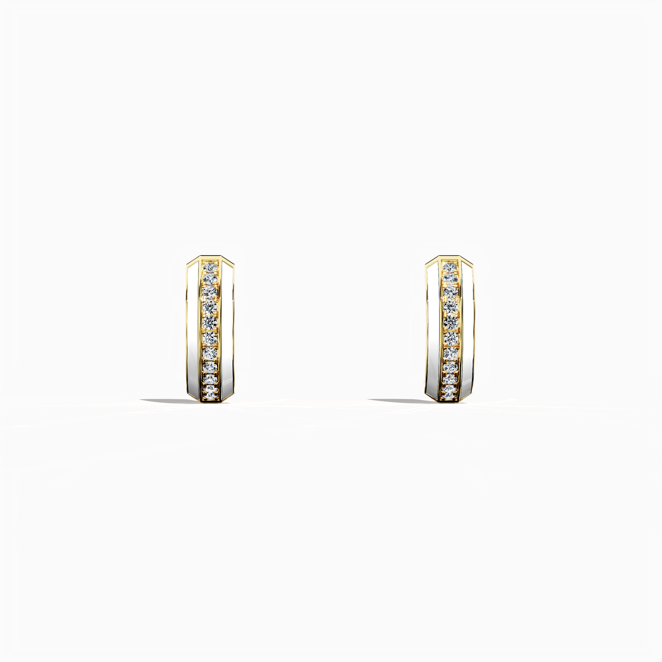 Front view of Luminous white enamel pavé stud earring in yellow gold – a modern piece of fine jewelry/fine jewellery and a graceful ear accessory that blends a soft white enamel surface with exquisite pavé diamond detailing on a gleaming yellow gold base for refined sparkle.