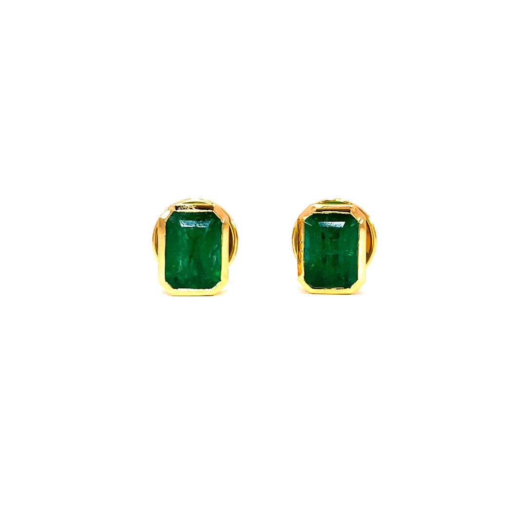 Green Emerald studs in yellow gold 1.96 carat total IGI certified Zambian emeralds 18K white gold handcrafted in Dubai