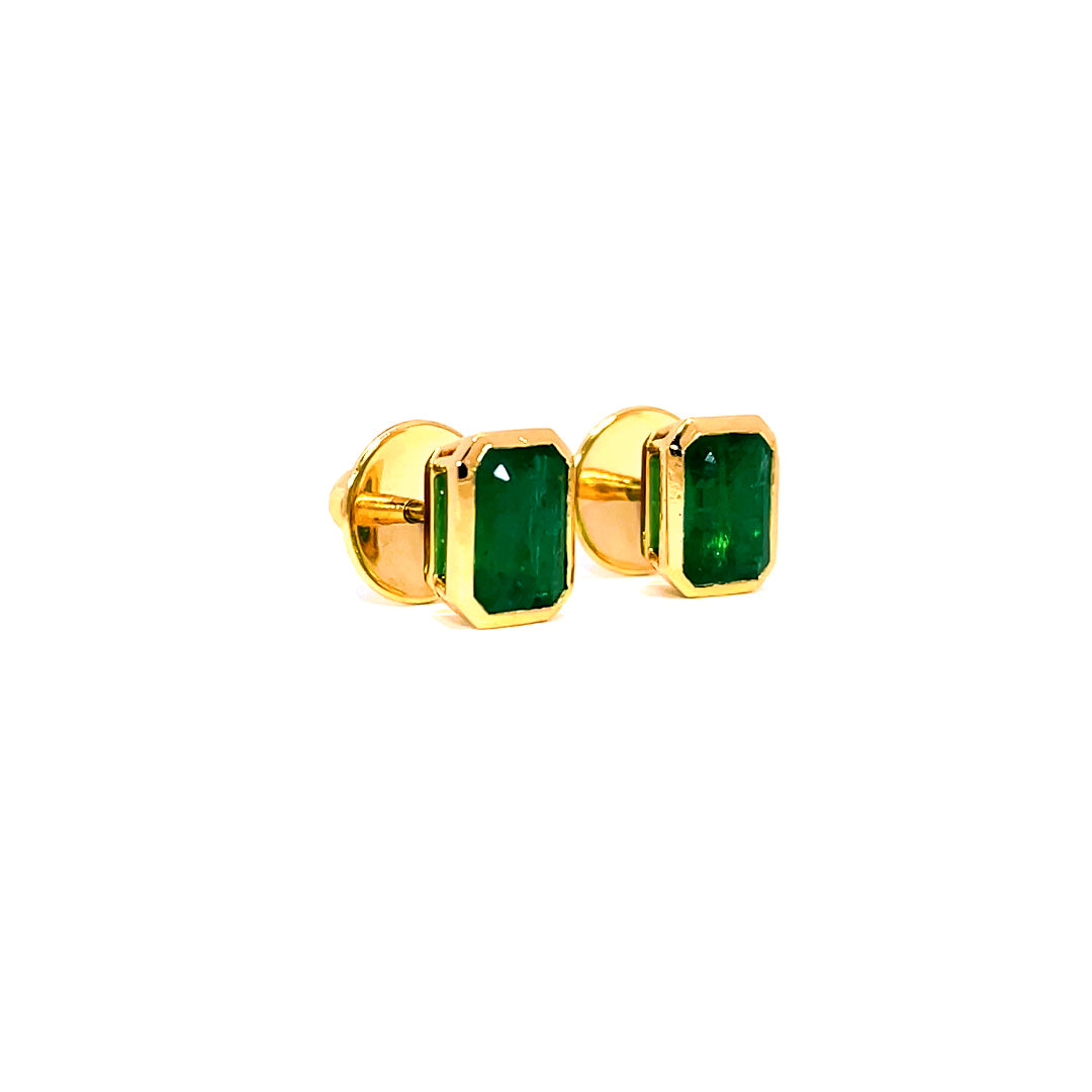 Green Emerald studs close-up displaying 1.96 carat IGI certified Zambian emeralds and white gold finish