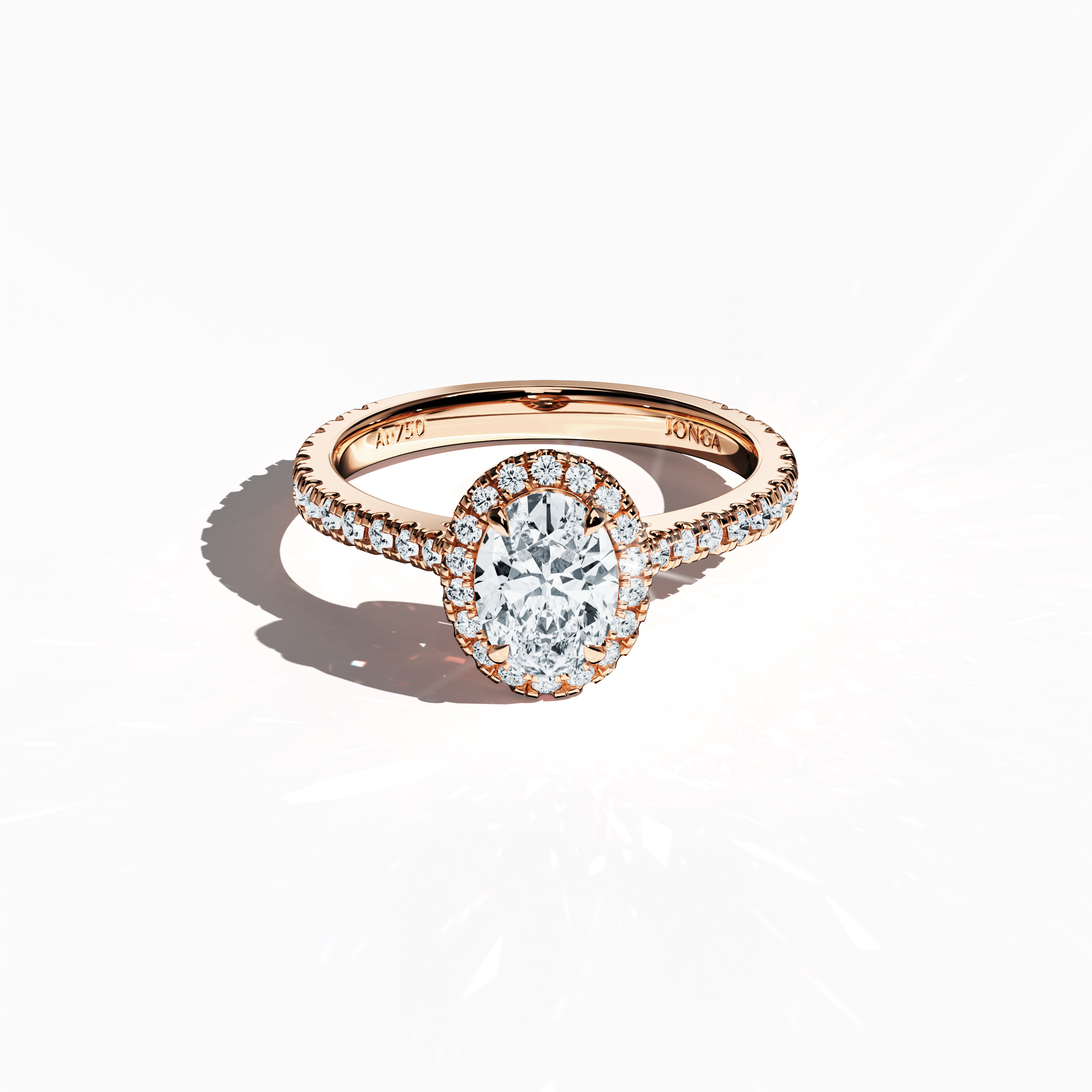 Striking image of a rose gold halo paved ring in a sleeping front top view, showcasing a radiant 1ct oval-cut central diamond encircled by a 0.60ct side diamond halo. The top view accentuates the band’s intricate pavé setting in warm rose, pink, and blush gold tones while blending classic halo, vintage halo, modern halo, and bridal halo design influences. Keywords: sophisticated, luxurious, oval sparkle, timeless design, artisanal precision.