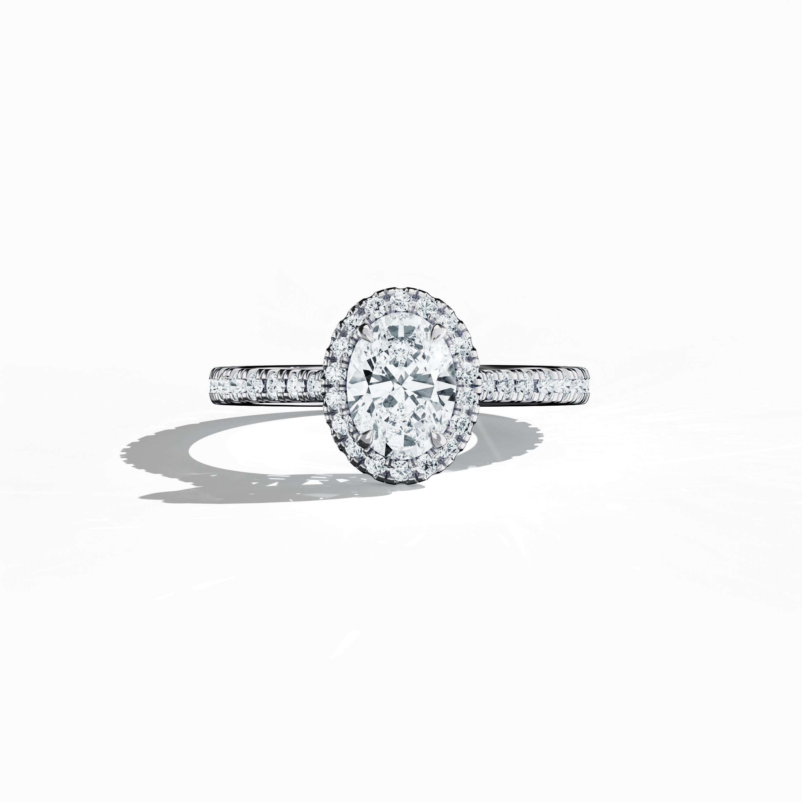 Exquisitely detailed image of a white gold halo paved ring captured in a sleeping front view, highlighting a luminous 1ct oval-cut central diamond embraced by a meticulously set 0.60ct side diamond halo. The band, rendered in pristine white, silver, and pale gold, features intricate pavé detailing that reflects classic halo, vintage halo, modern halo, and bridal halo design motifs. Keywords: luxury, elegance, refined craftsmanship, oval brilliance, timeless style.