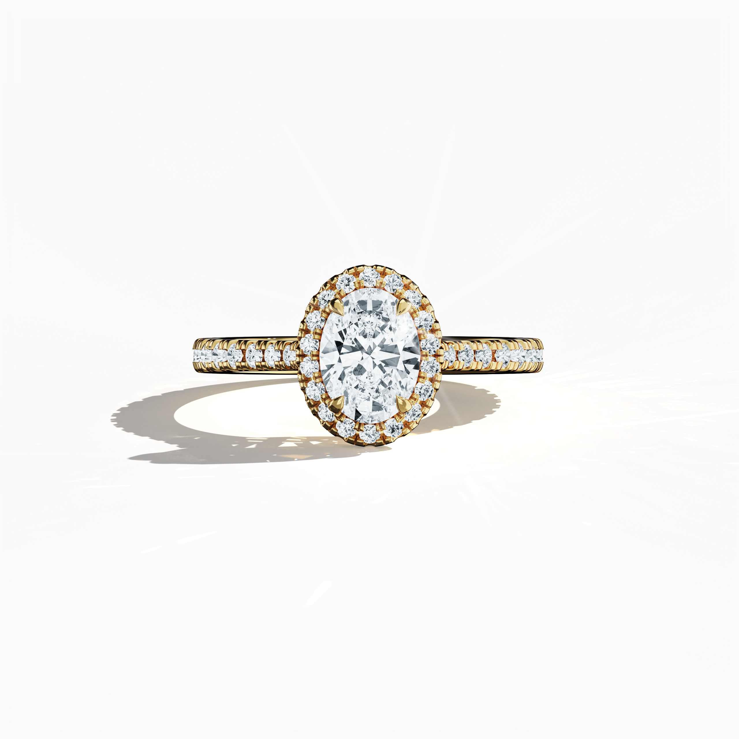 Exquisitely detailed image of a yellow gold halo paved ring captured in a sleeping front view, showcasing a brilliant 1ct oval-cut central diamond encircled by a meticulously set 0.60ct side diamond halo. The band, rendered in rich yellow, sun, and traditional gold hues, features intricate pavé detailing that highlights classic halo, vintage halo, modern halo, and bridal halo design elements. Keywords: luxury, elegance, refined artistry, oval brilliance, timeless style.