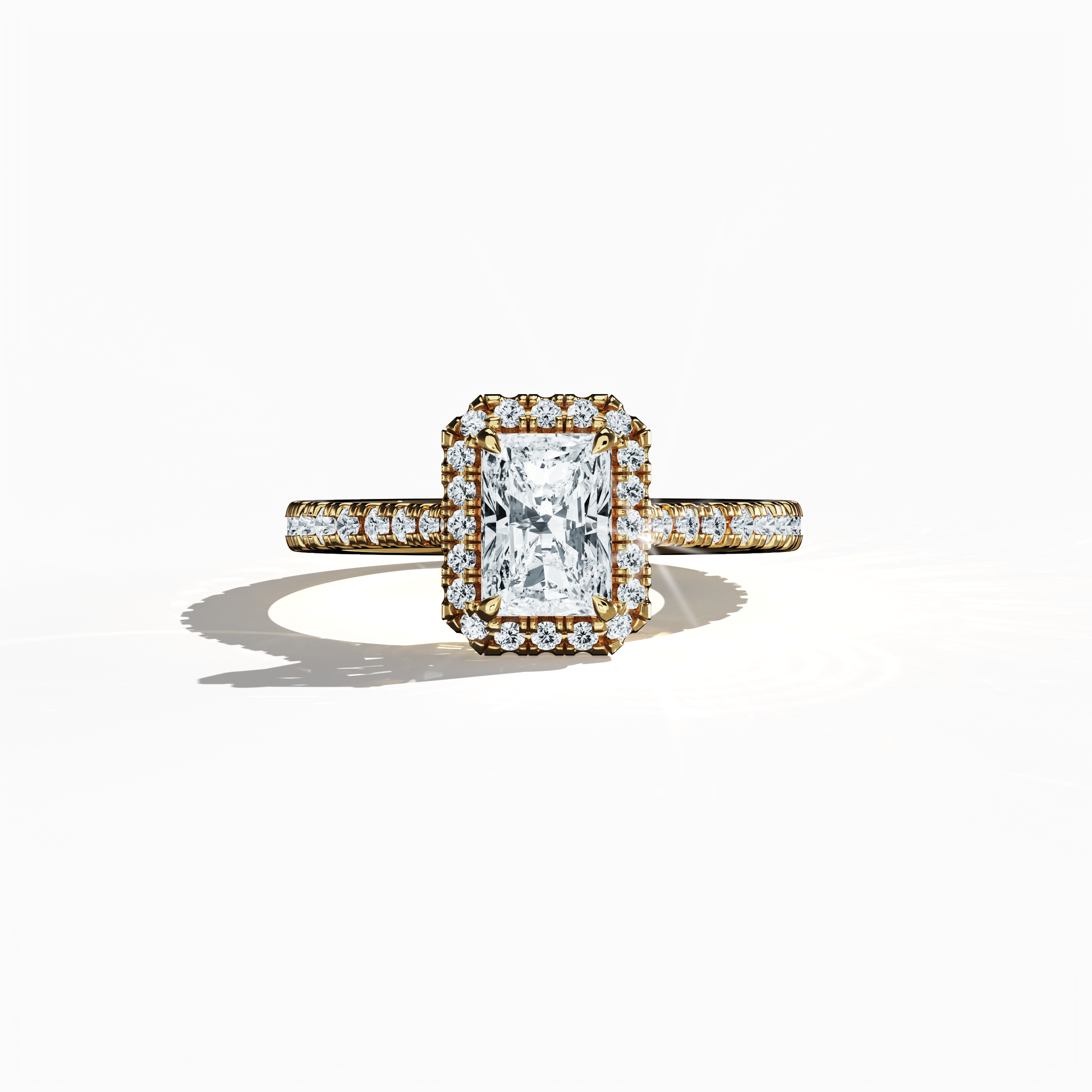 Exquisitely detailed image of a yellow gold halo paved ring captured in a sleeping front view, showcasing a brilliant 1 carat radiant-cut center diamond encircled by a meticulously set 0.60ct side diamond halo. The band, rendered in rich yellow, sun, and traditional gold hues, features intricate pavé detailing that highlights classic halo, vintage halo, modern halo, and bridal halo design elements. Keywords: luxury, radiant brilliance, refined artistry, contemporary elegance, timeless allure.