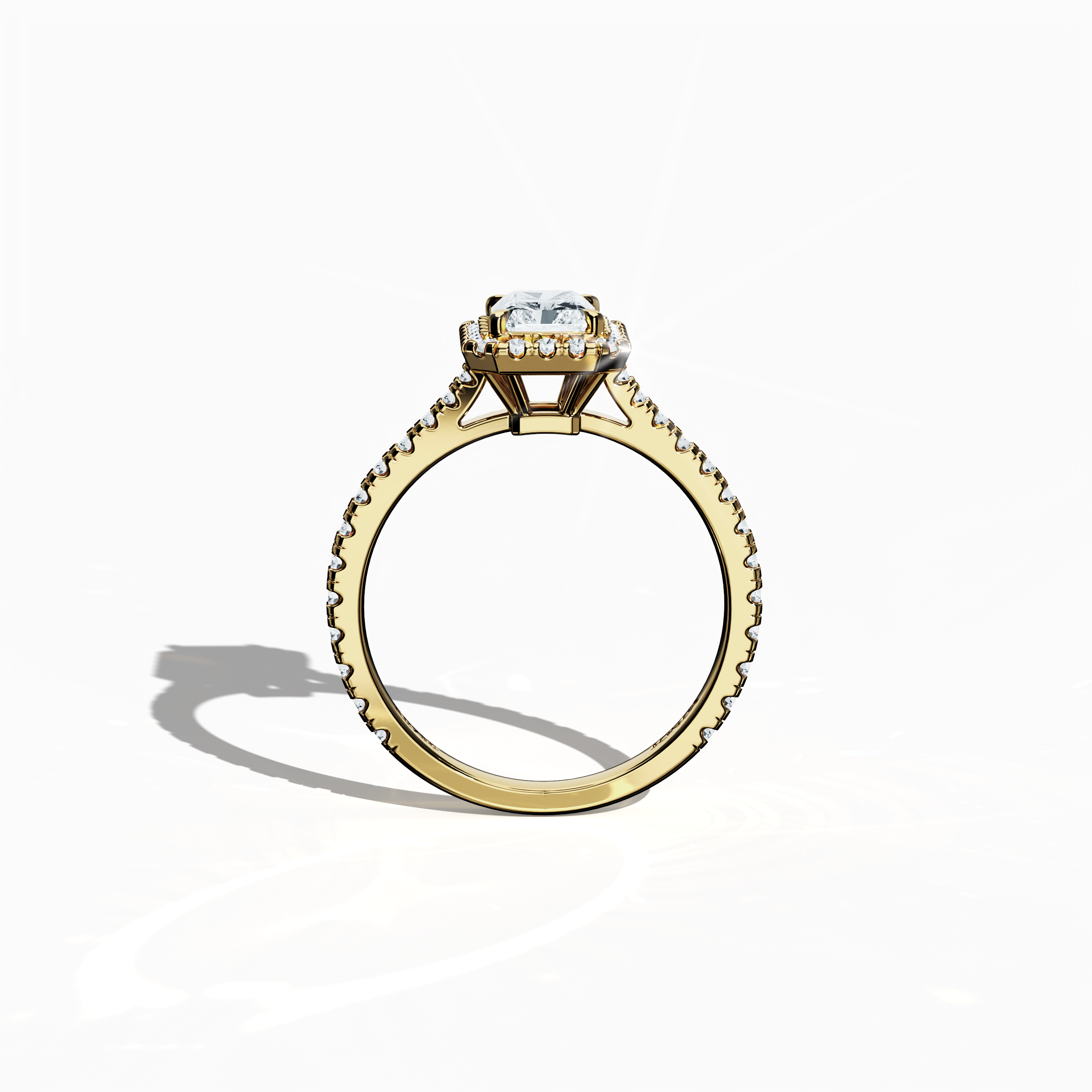 Vivid standing front view of a yellow gold halo paved ring, emphasizing a brilliant 1 carat radiant-cut center diamond and its encircling 0.60ct side diamond halo. The band, showcased in rich yellow, sun, and traditional gold hues, exhibits meticulous pavé craftsmanship inspired by classic halo, vintage halo, modern halo, and bridal halo designs. Keywords: exquisite craftsmanship, luxury, radiant allure, refined style, timeless elegance.