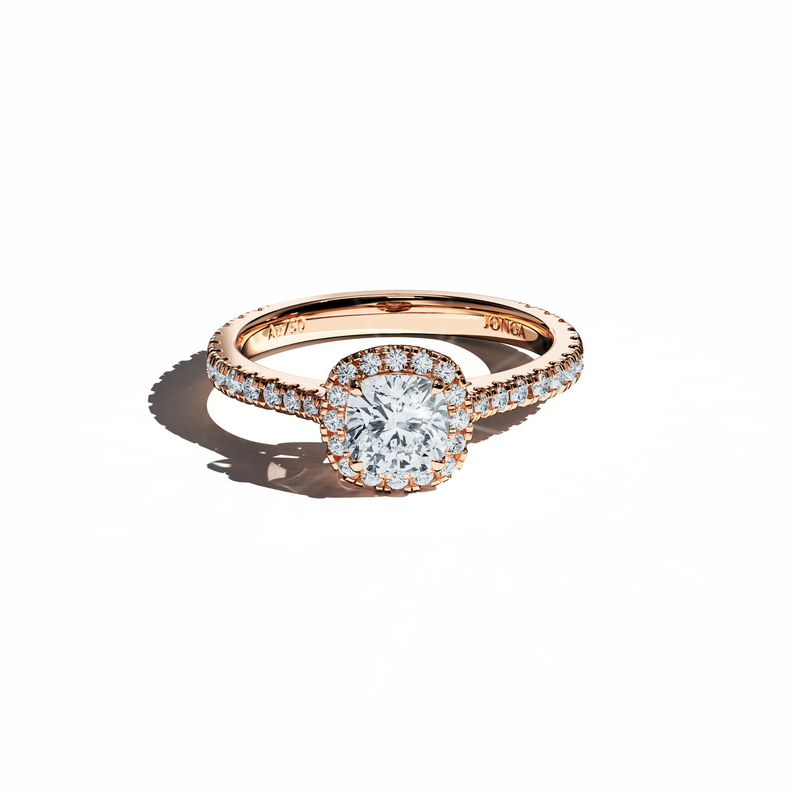Shown from a delicate sleeping front top view, the halo paved diamond ring in captivating rose gold showcases refined artistry and vibrant allure. Featuring a 1 ct cushion diamond surrounded by a 0.60 ct halo of scintillating side stones, this 1.60 carat masterpiece melds Classic Halo, Modern Halo, and Eternity Halo design elements with cushion and princess cut inspirations, radiating a pink, blush glow. Keywords: luxury, handcrafted, diamond, sparkle, charm.