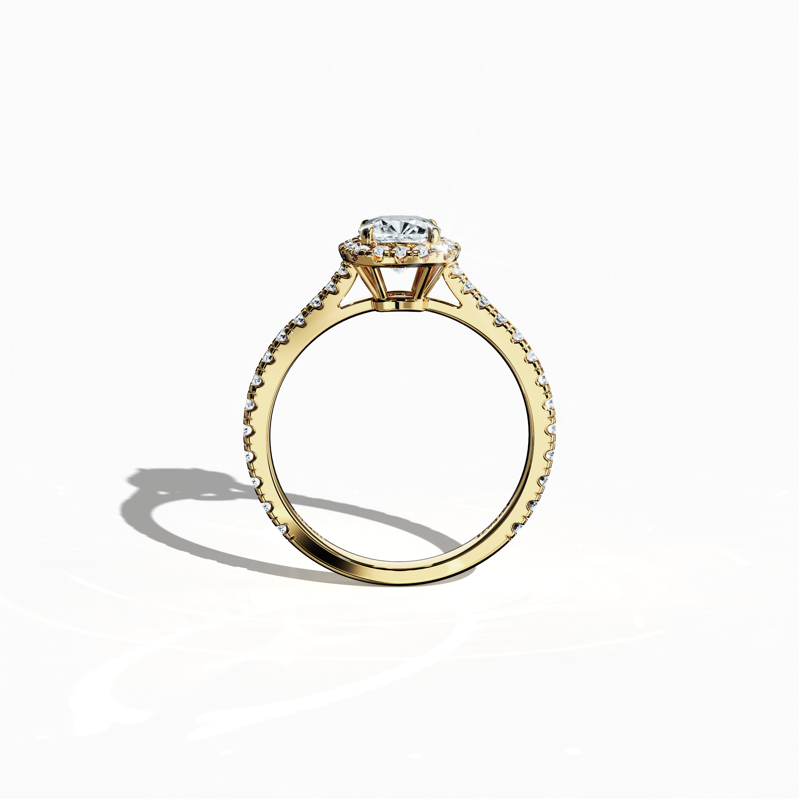 Captured in a striking standing front view, this halo paved diamond ring in brilliant yellow gold commands attention with its 1.60 carat display of opulent sparkle. Its prominent 1 ct cushion diamond, bordered by a 0.60 ct halo of dazzling side stones, embodies Classic Halo, Vintage Halo, and Modern Halo design motifs with cushion and radiant cut influences, set in a vibrant, golden, amber finish. Keywords: luxury, handcrafted, diamond, elegance, brilliance.