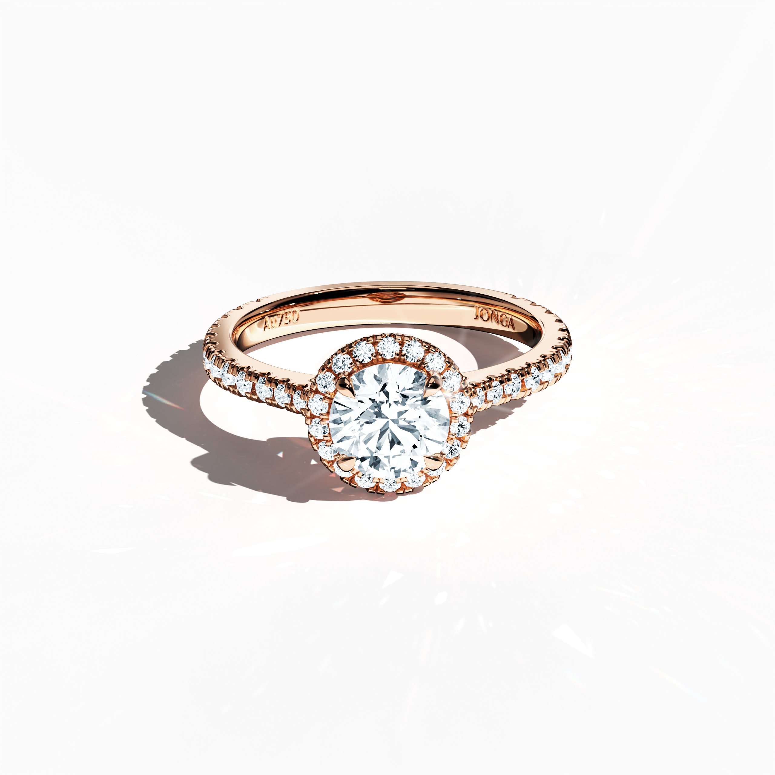 Striking image of a rose gold halo paved ring in a sleeping front top view, displaying a radiant 1ct round‐cut center diamond encircled by a delicate 0.60ct side diamond halo. The elevated perspective accentuates the band’s intricate pavé detailing in warm rose, pink, and blush gold tones, merging influences of classic halo, vintage halo, modern halo, and bridal halo styles. Keywords: luxurious, round sparkle, refined design, timeless charm, global style.