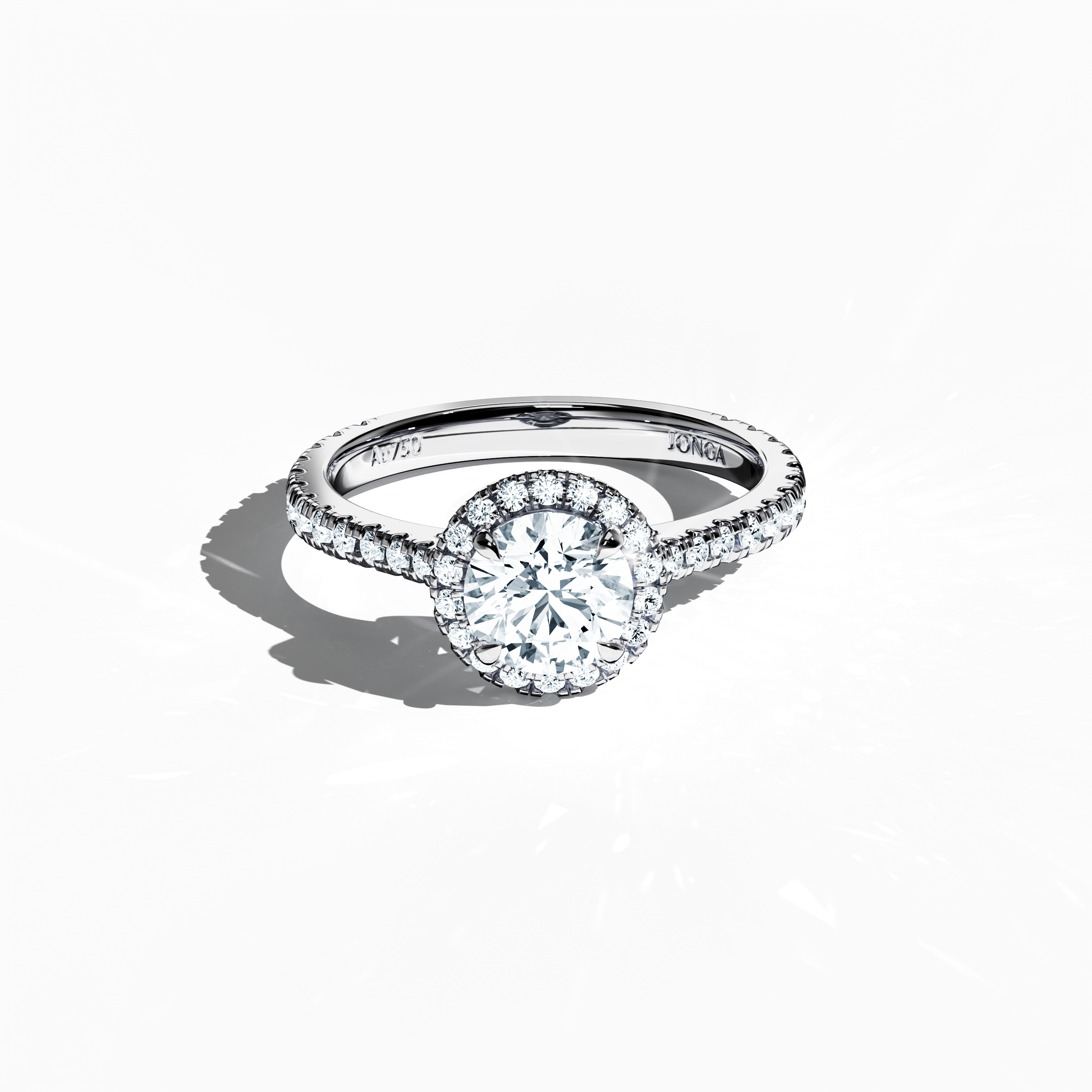 Striking image of a white gold halo paved ring in a sleeping front top view, displaying a radiant 1ct round‐cut center diamond encircled by a delicate 0.60ct side diamond halo. The elevated perspective highlights the band’s intricate pavé detailing in shades of white, silver, and pale gold, merging influences from classic halo, vintage halo, modern halo, and bridal halo styles. Keywords: luxury, refined elegance, round sparkle, artisanal design, international flair.