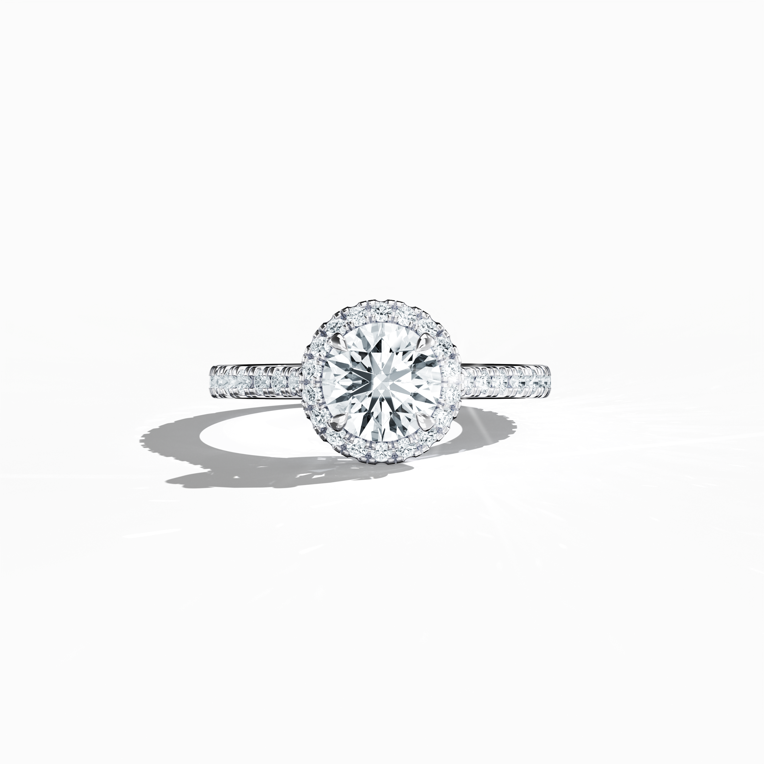 Exquisitely detailed image of a white gold halo paved ring captured in a sleeping front view, showcasing a luminous 1ct round‐cut center diamond gracefully embraced by a meticulously set 0.60ct side diamond halo. The band, rendered in pristine white, silver, and pale gold hues, features intricate pavé detailing with influences of classic halo, vintage halo, modern halo, and bridal halo designs. Keywords: luxury, round brilliance, refined craftsmanship, timeless elegance, international design.