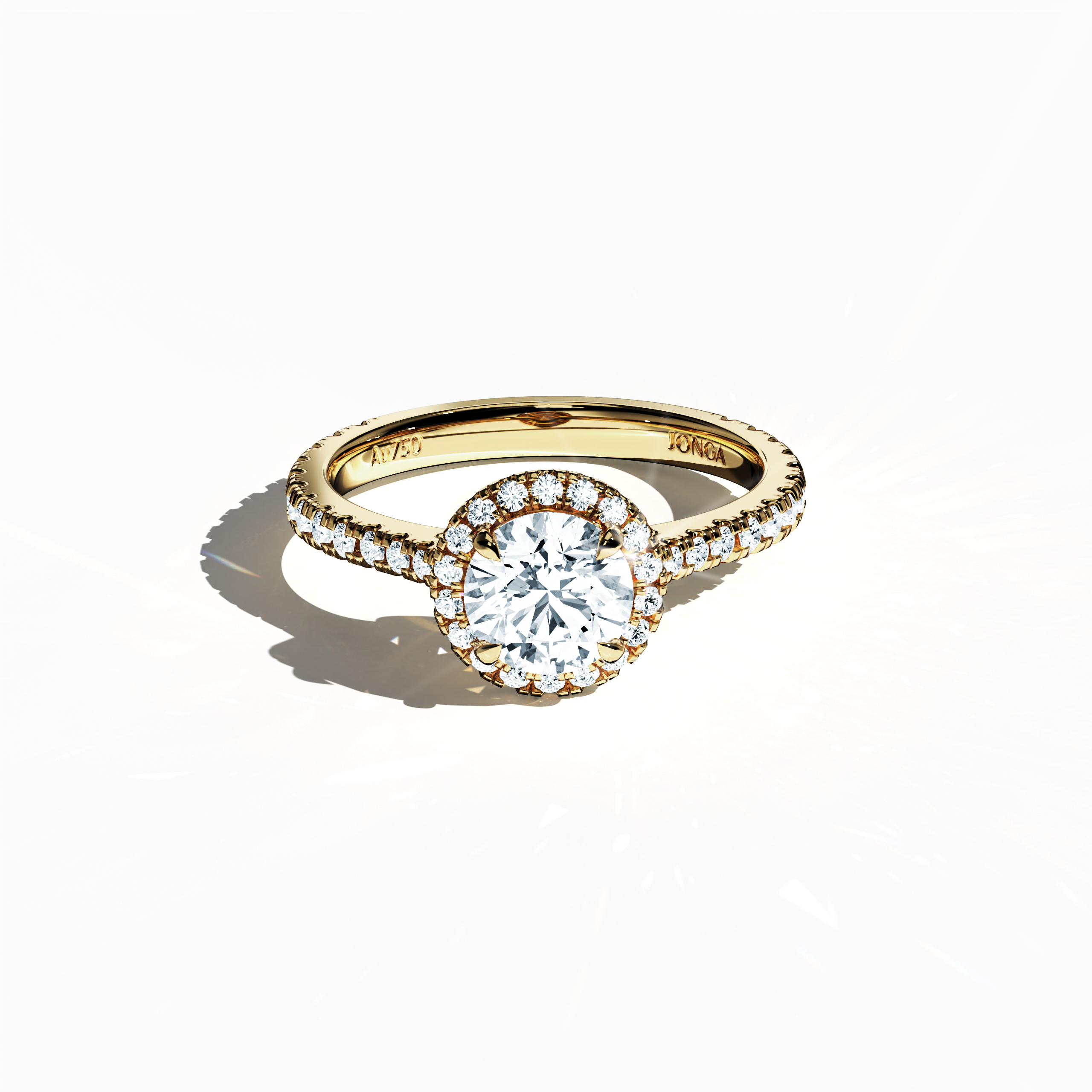 Striking image of a yellow gold halo paved ring in a sleeping front top view, displaying a radiant 1ct round‐cut center diamond encircled by a delicate 0.60ct side diamond halo. The elevated perspective accentuates the band’s exquisite pavé detailing in rich yellow, sun, and traditional gold tones, merging influences of classic halo, vintage halo, modern halo, and bridal halo styles. Keywords: luxurious, round sparkle, refined design, timeless charm, international elegance.