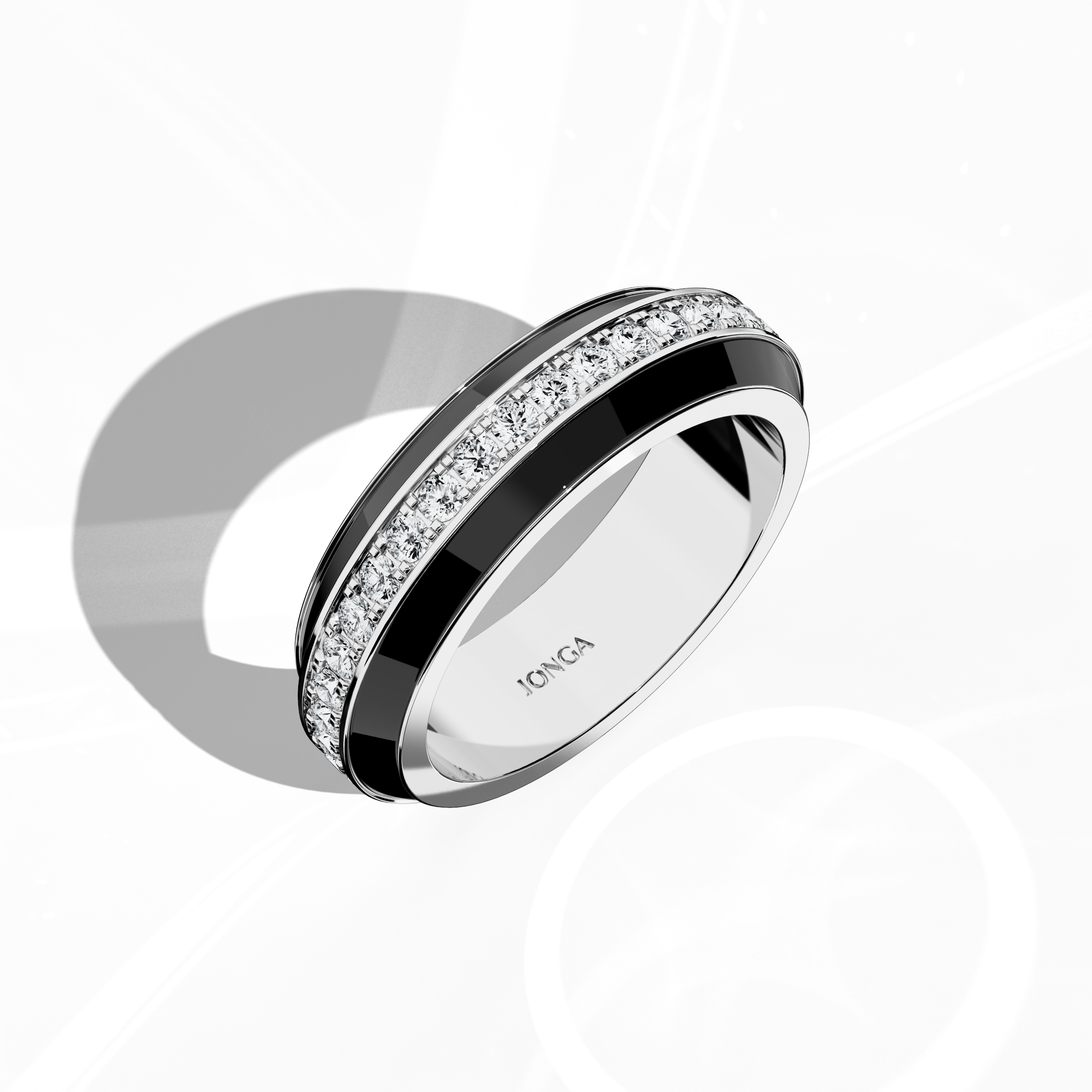 Admire the elegant profile of this white gold ring enhanced by bold black glossy enamel and an up to 1 carat diamond paved in the center line. Captured from a standing front top side view, the intricate pave band—termed Eternity Pave, Pavé Chic, and Carat Pave—reveals detailed diamond pavé work that accentuates the refined shine of white gold. The design fuses modern luxury with timeless craftsmanship for an unmistakable statement.
Keywords: enamel, diamond, pave, luxury, designer.