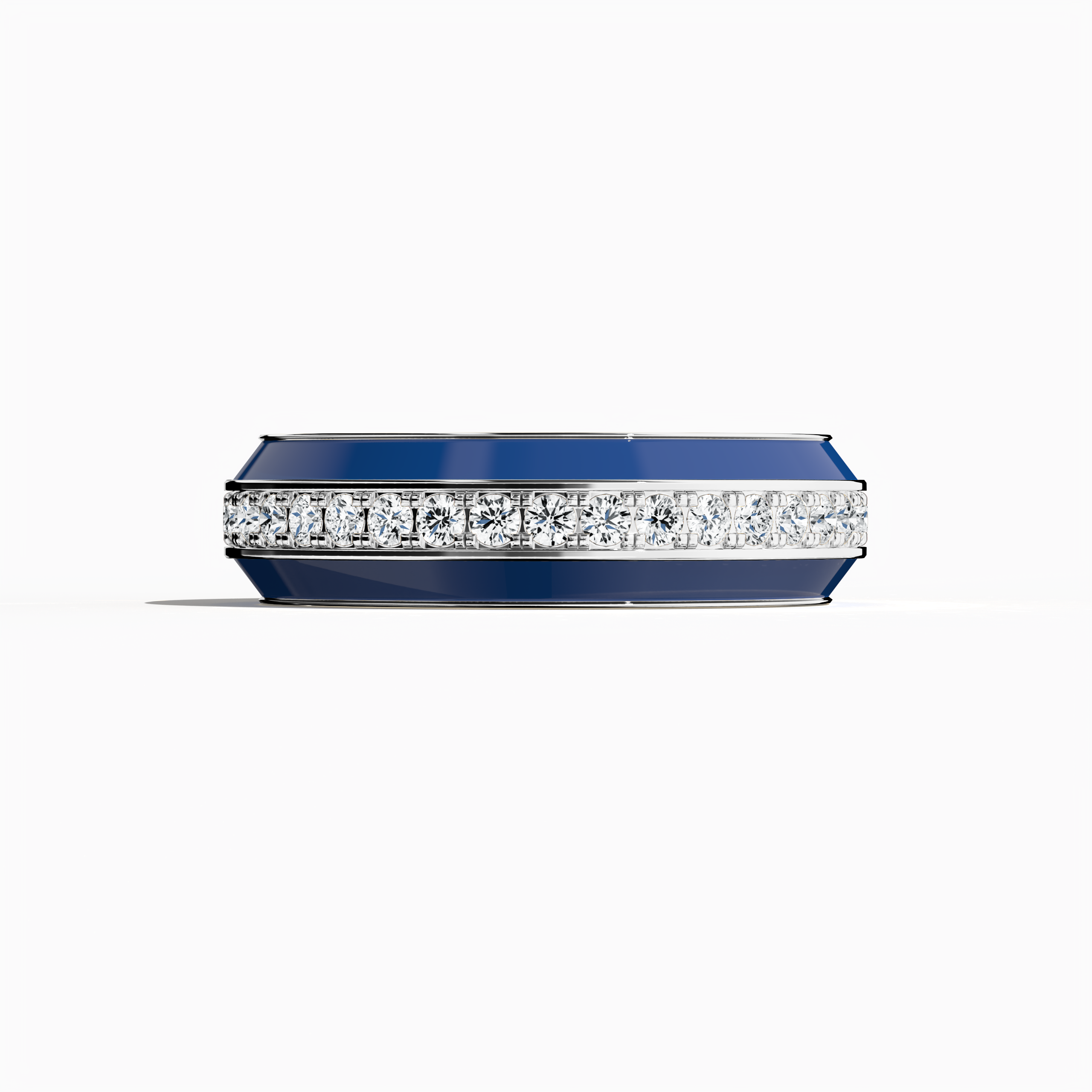Experience the modern allure of this white gold ring featuring vivid blue glossy enamel and an up to 1 carat diamond paved in the center line. The exquisite pave band—recognized as Eternity Pave, Pavé Chic, and Carat Pave—is showcased in a sleeping front view that emphasizes smooth curves and detailed diamond pavé work. The dynamic contrast between blue enamel and white gold creates a luxurious designer masterpiece.
Keywords: enamel, diamond, pave design, luxury, designer.