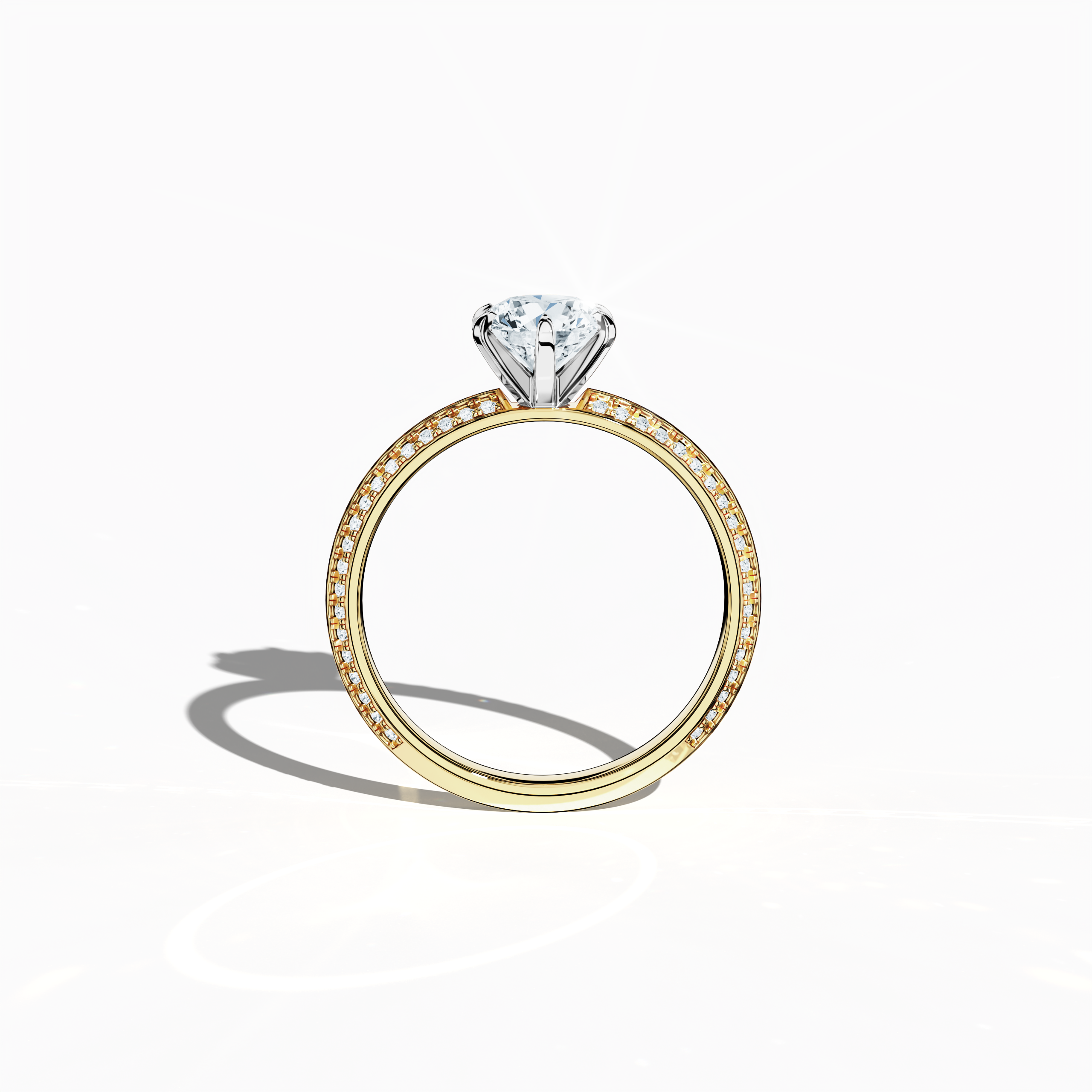 Classic solitaire diamond ring with 1.40 ct total carats – 1 ct center diamond and 0.40 ct pavé side stones – set in rich yellow gold with a distinctive two‑step band and crisp central line. Displayed in a front view, this fine jewelry/fine jewellery piece exudes timeless luxury and warm sophistication.