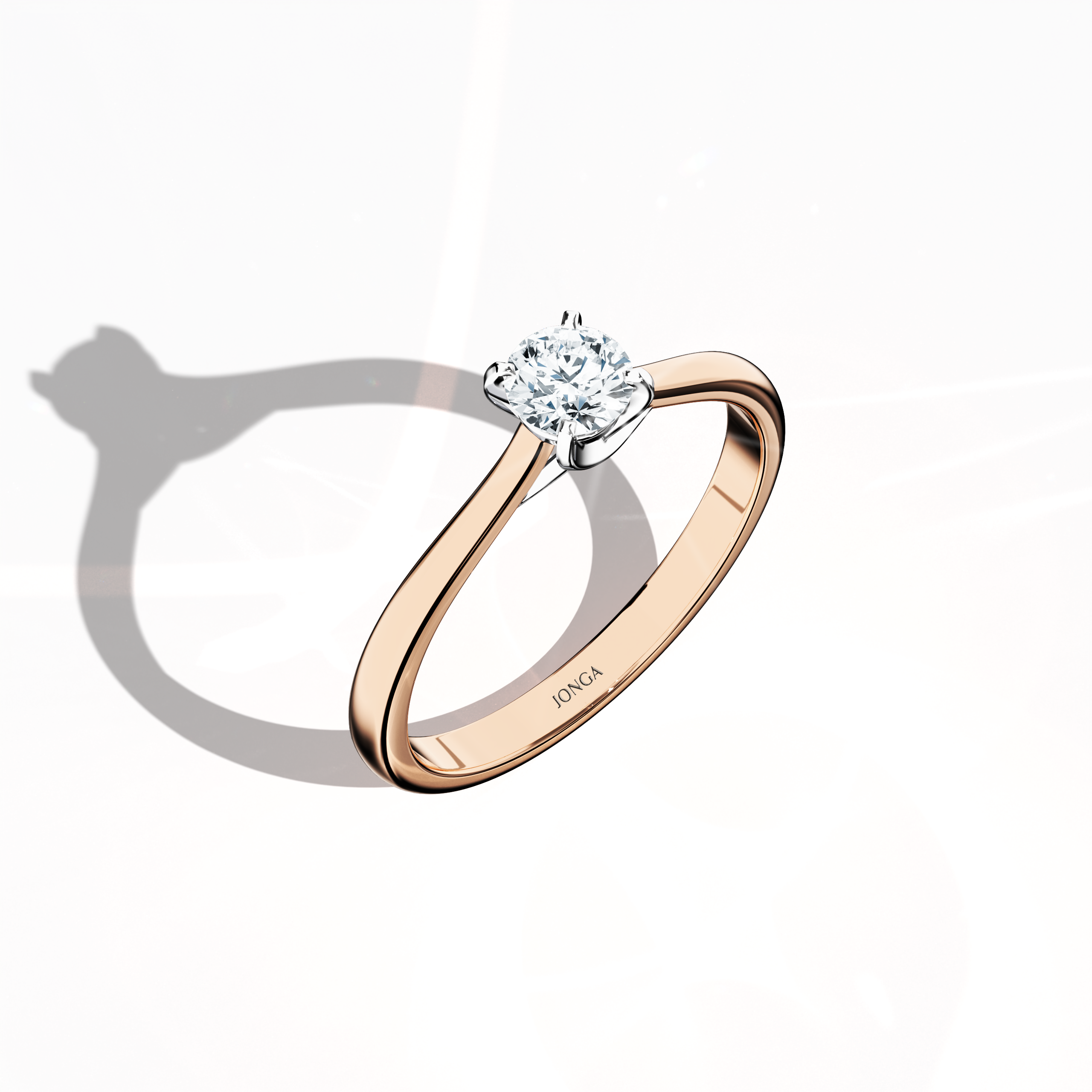 Modern solitaire diamond ring with a 0.30 ct center stone in a unique twisted bottom setting and four‑tap white gold prongs, set in a soft rose gold band (blush/pink gold). Captured from a standing front top side angle, this fine jewelry/fine jewellery ring emphasizes its delicate design and radiant, romantic finish.