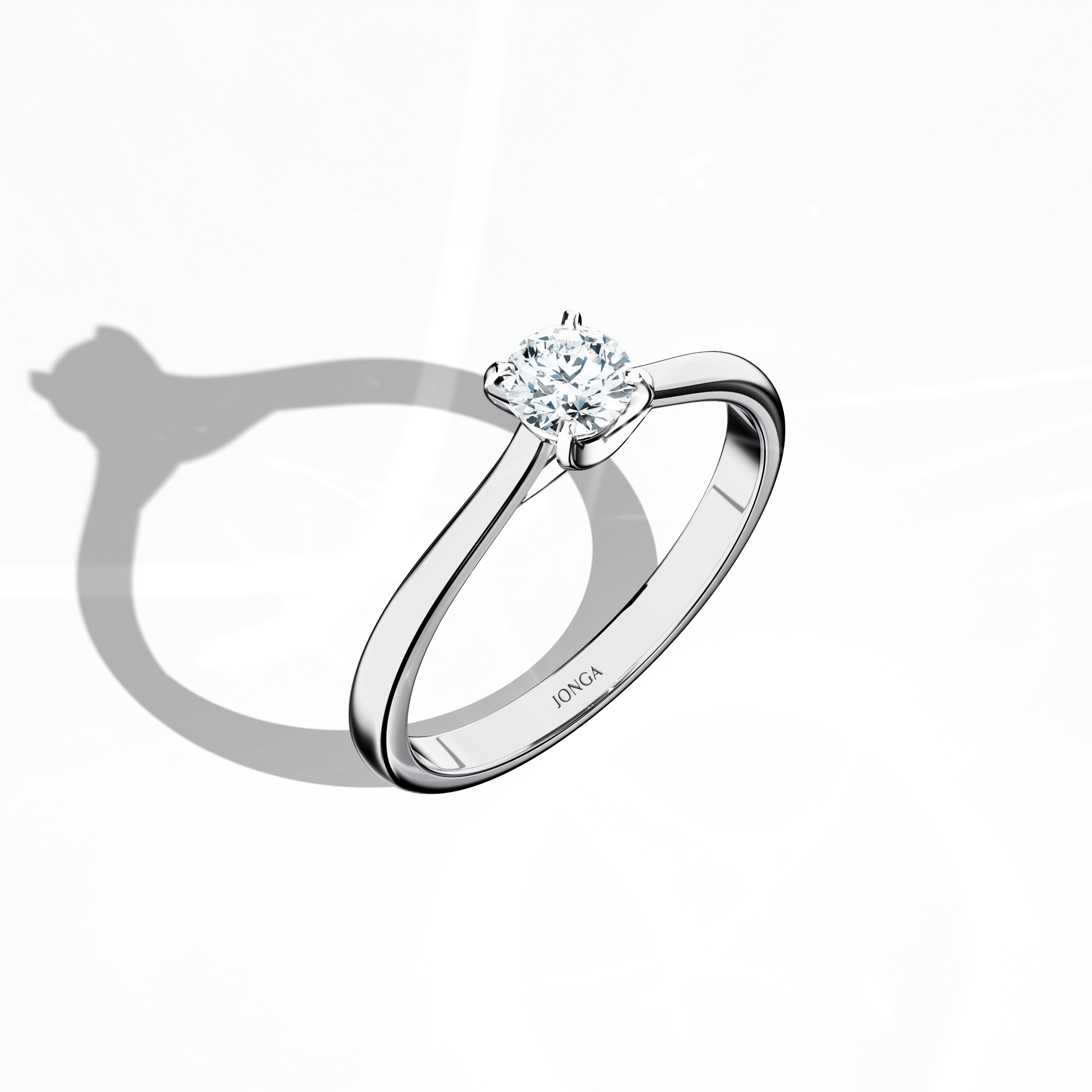 Stylish solitaire diamond ring with a 0.30 ct center stone in a unique twisted bottom setting, accented by four‑tap prongs in white gold and set in a silvery white gold band. Photographed from a standing front top side angle, this fine jewelry/fine jewellery ring emphasizes its exceptional design and brilliant sparkle.