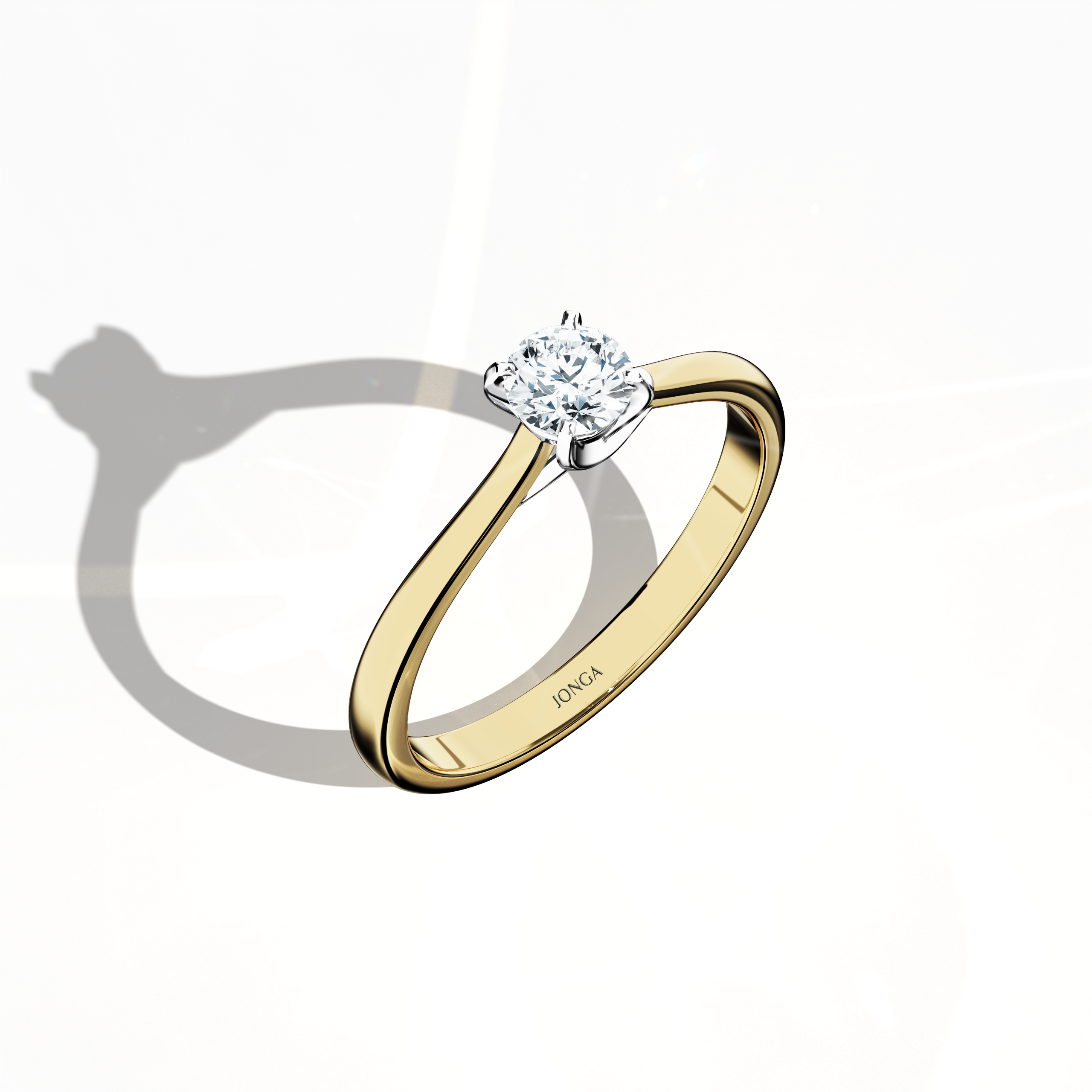 Modern solitaire diamond ring with a 0.30 ct center stone in a unique twisted bottom setting and four‑tap white gold prongs, set in a rich yellow gold band (classic/warm yellow gold). Captured from a standing front top side angle, this fine jewelry/fine jewellery ring emphasizes its brilliant sparkle and dynamic, warm design.