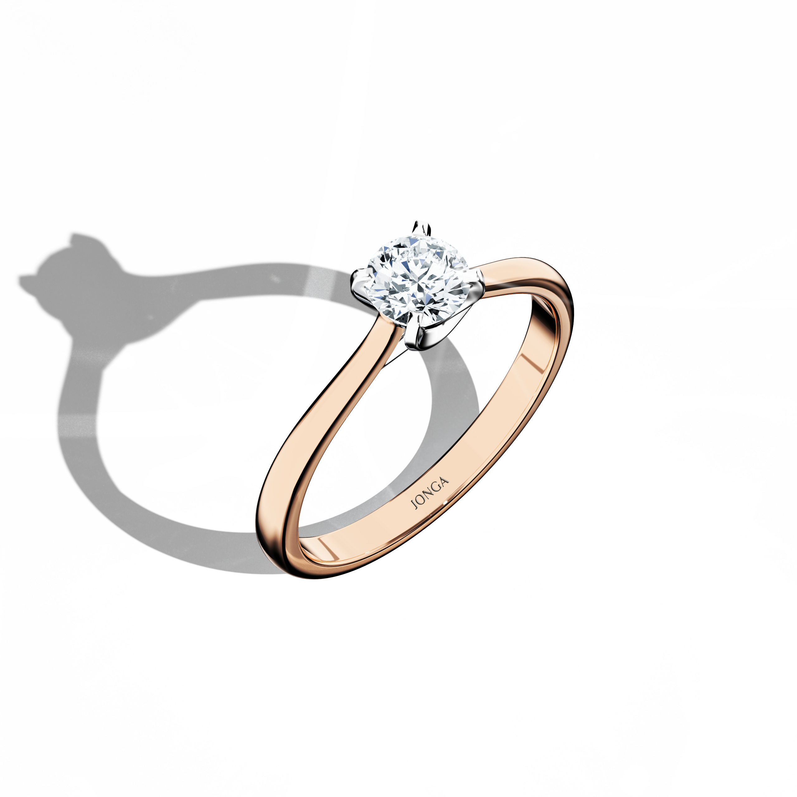 Modern solitaire ring with a 0.50 ct center diamond in a unique twisted bottom setting, featuring four‑tap prongs in white gold and a soft rose gold band (blush/pink gold). Captured from a standing front top side angle, this fine jewelry/fine jewellery ring emphasizes its brilliant center stone and sleek, contemporary design with a warm, inviting finish.