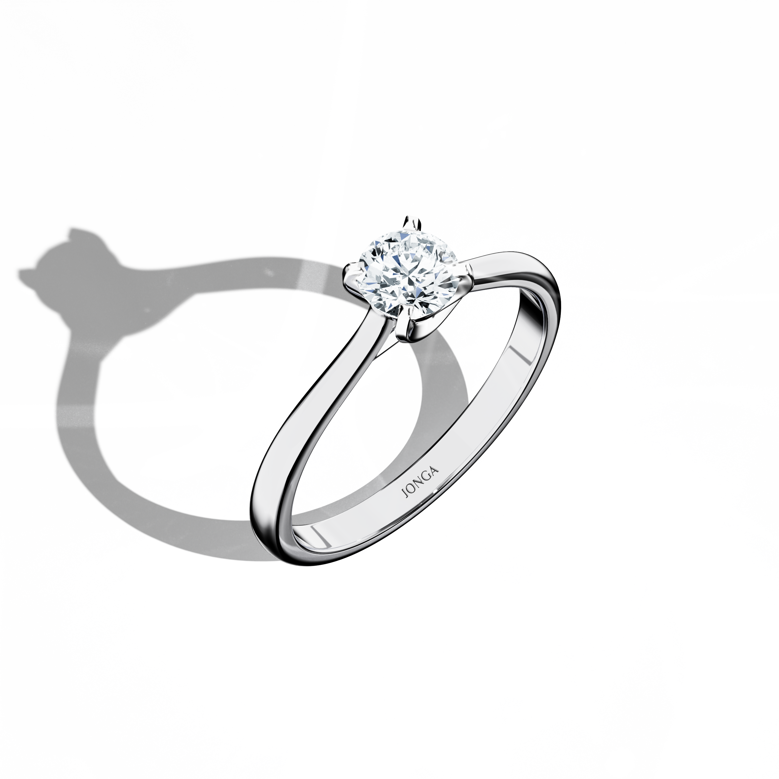 Stylish solitaire ring with a 0.50 ct diamond in a unique twisted bottom setting, featuring four‑tap prongs in white gold and a bright white gold band. Photographed from a standing front top side angle, this fine jewelry/fine jewellery ring emphasizes its brilliant center stone and clean, contemporary design.