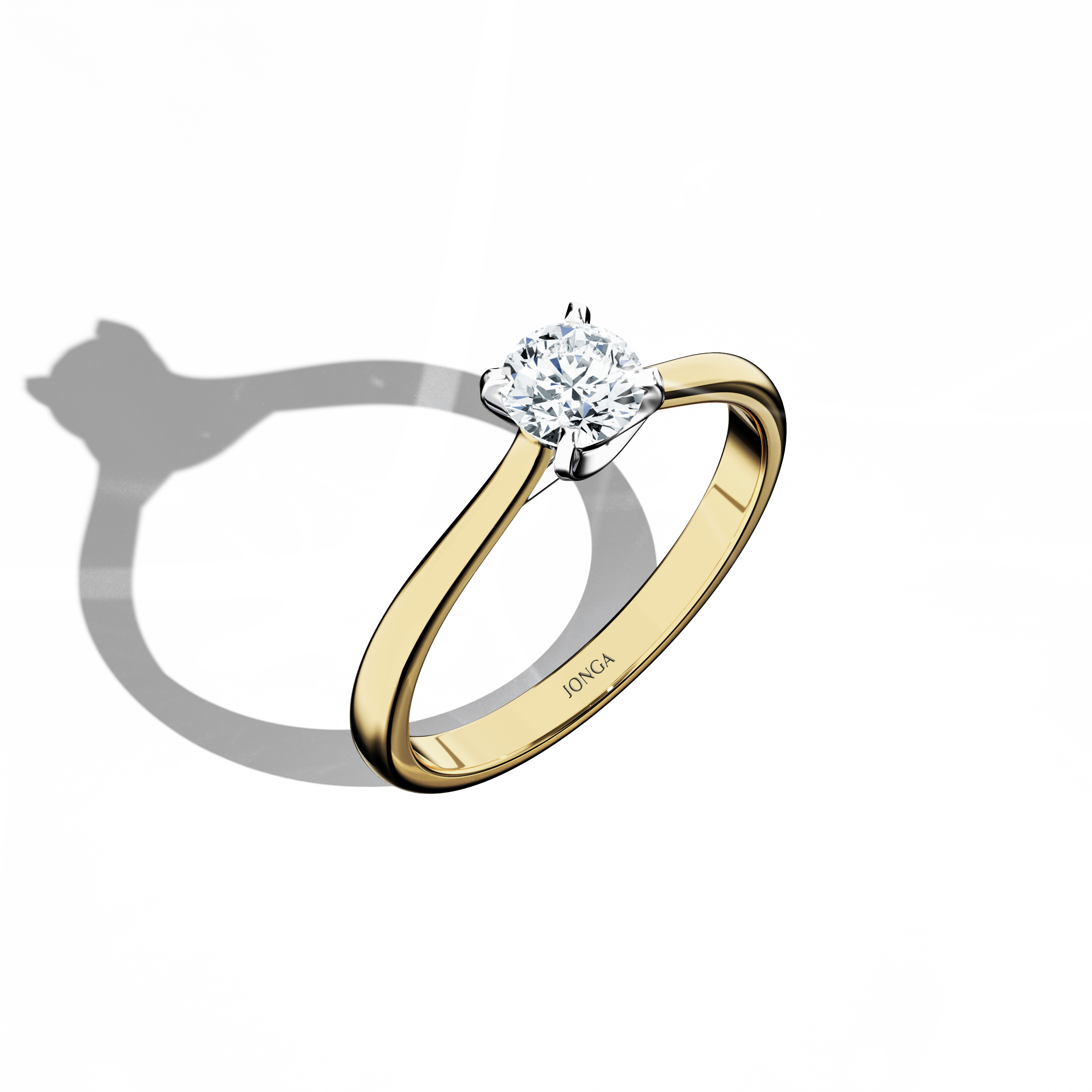 Modern solitaire ring with a 0.50 ct center diamond in a unique twisted bottom setting, featuring four‑tap prongs in white gold and a rich yellow gold band (classic/warm yellow gold). Captured from a standing front top side angle, this fine jewelry/fine jewellery ring emphasizes its brilliant sparkle and dynamic, warm design.