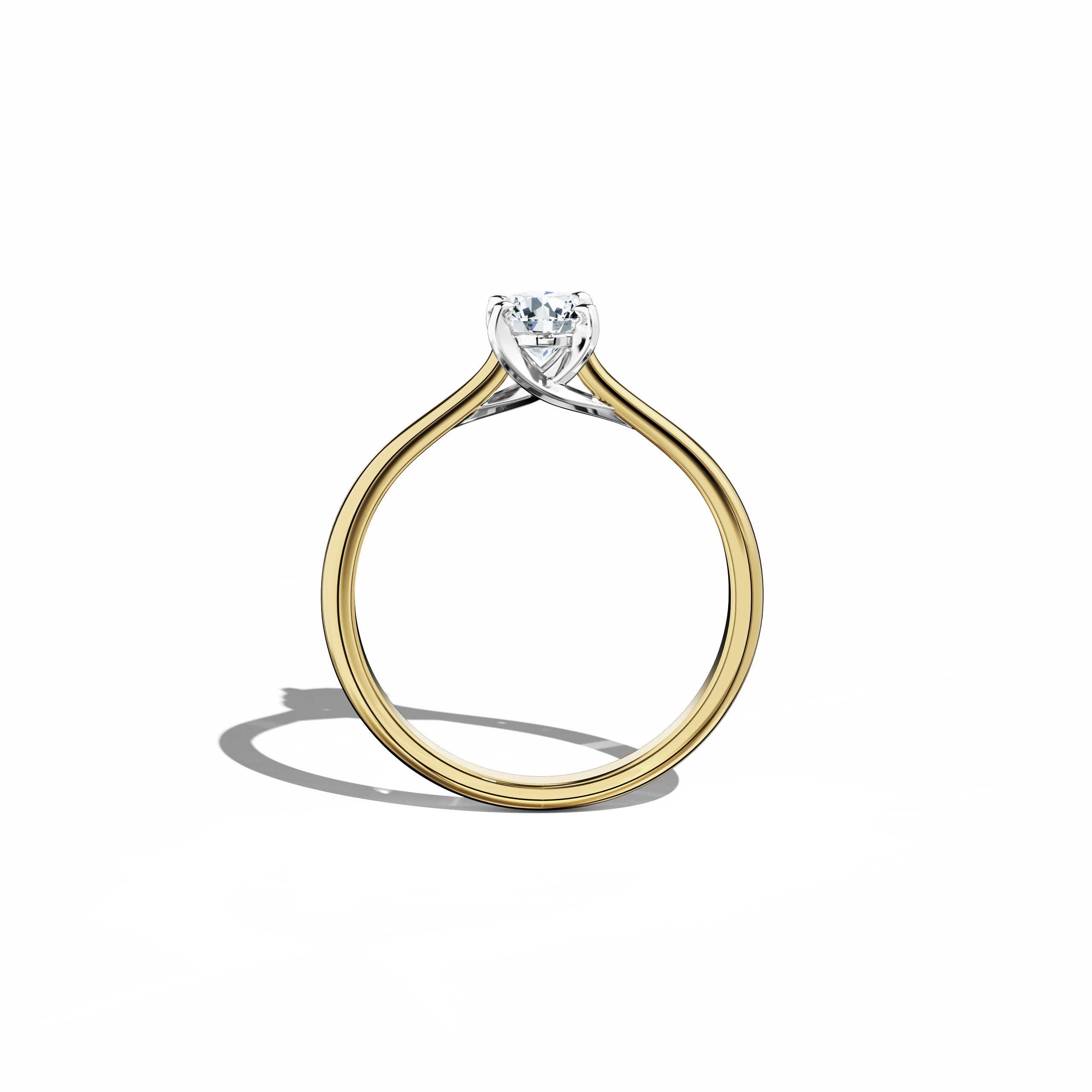 Refined solitaire diamond ring with a 0.50 ct center stone in a unique twisted bottom setting, secured by four‑tap prongs in white gold and paired with a rich yellow gold band (classic/warm yellow gold). Shown from a standing front view, this fine jewelry/fine jewellery ring exhibits a balanced silhouette and a vibrant, warm glow.