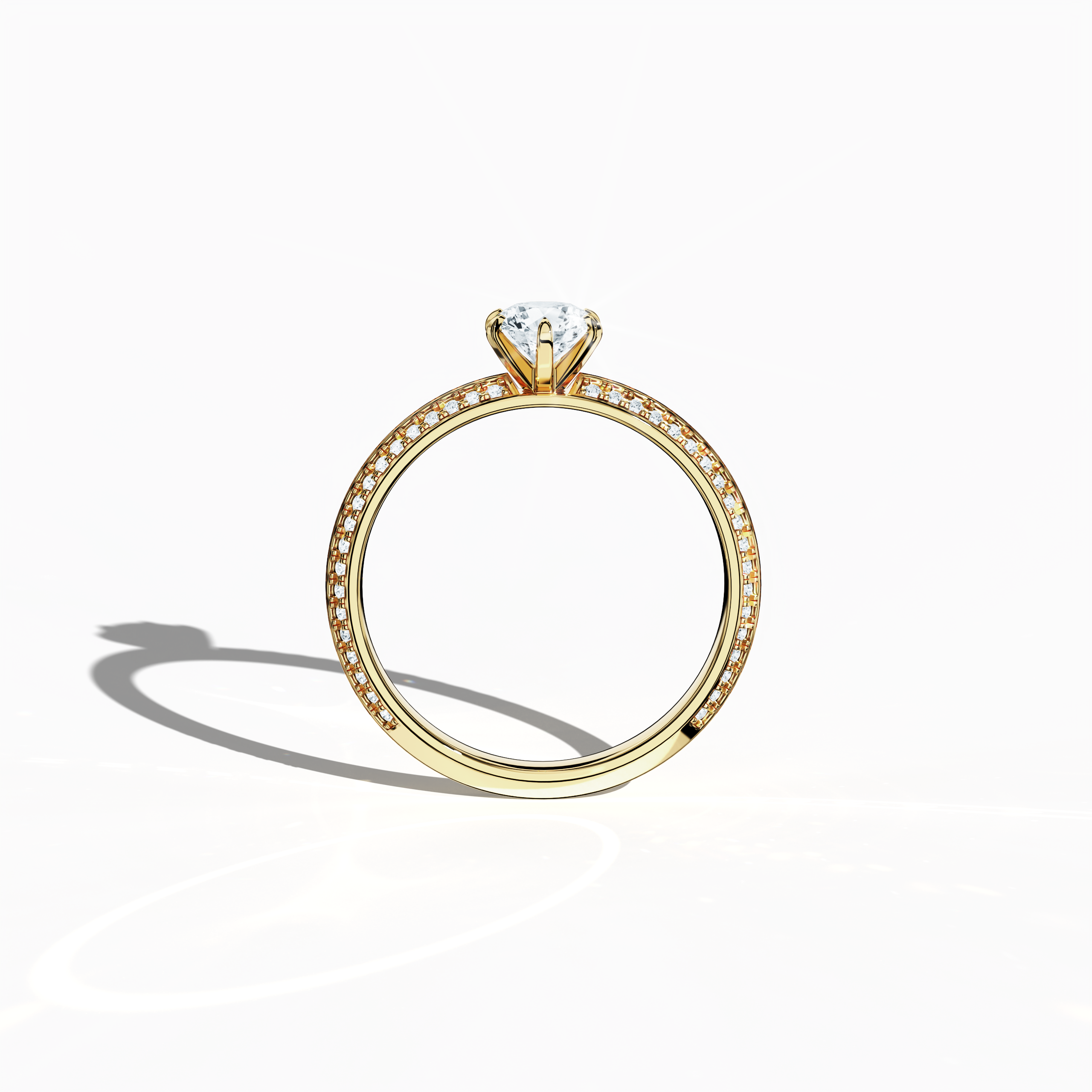 Classic solitaire diamond ring with a total of 0.90 ct diamonds – 0.50 ct center and 0.40 ct pavé side stones – set in a rich yellow gold band with a distinctive two‑step band design and a crisp central line. Displayed in a front view, this fine jewelry/fine jewellery ring exudes timeless luxury and warm sophistication.