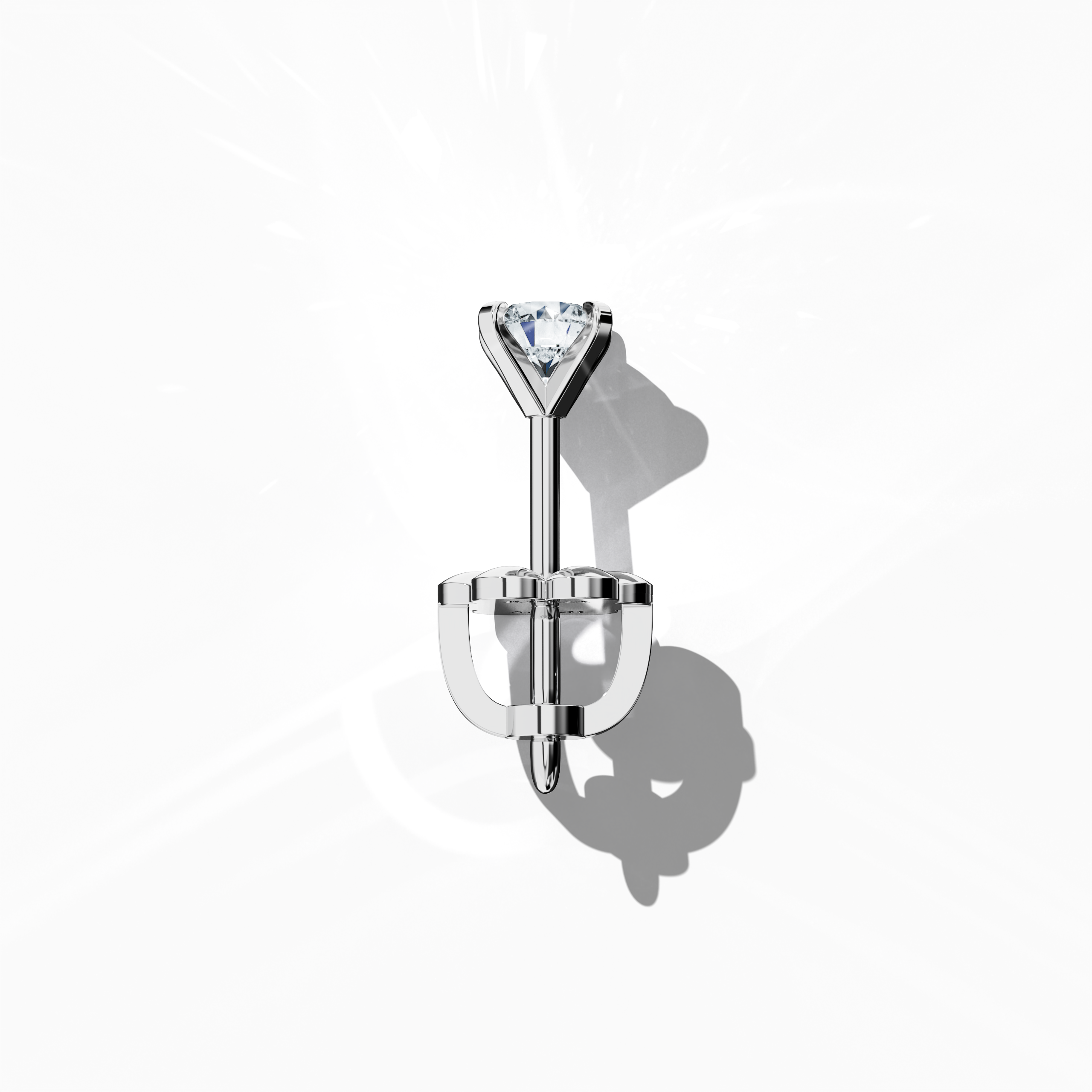 Top view of 0.60 carat natural diamond earring in 18k white gold with nail prong setting; diamond stud, 0.60ct solitaire diamond, luxury fine jewelry/fine jewellery ear accessory.