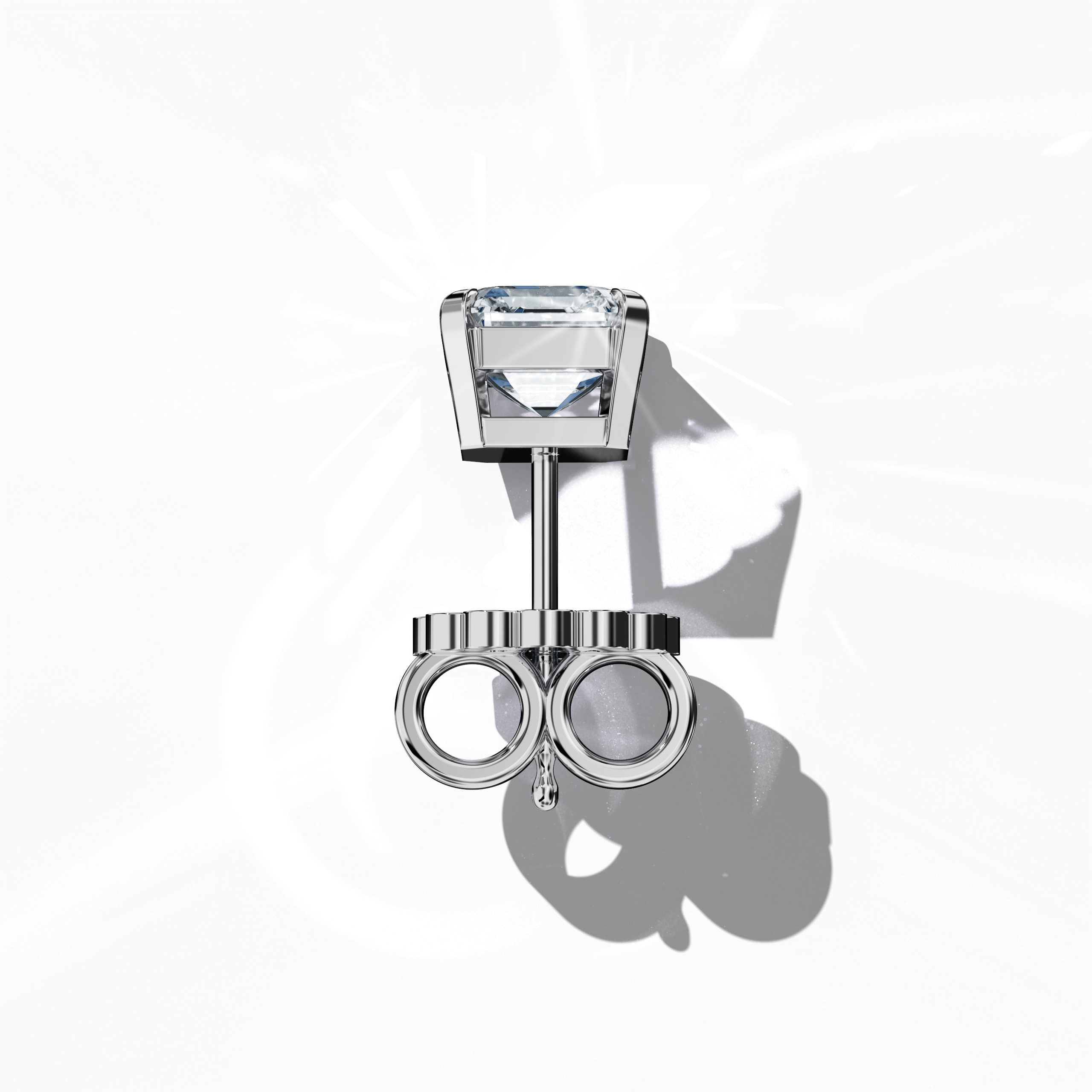 Top view of 1-carat natural diamond earring in 18k white gold with nail prong setting; features an Asscher cut diamond (also referred to as square emerald cut or step cut diamond in certain markets) – luxury fine jewelry/fine jewellery ear accessory.