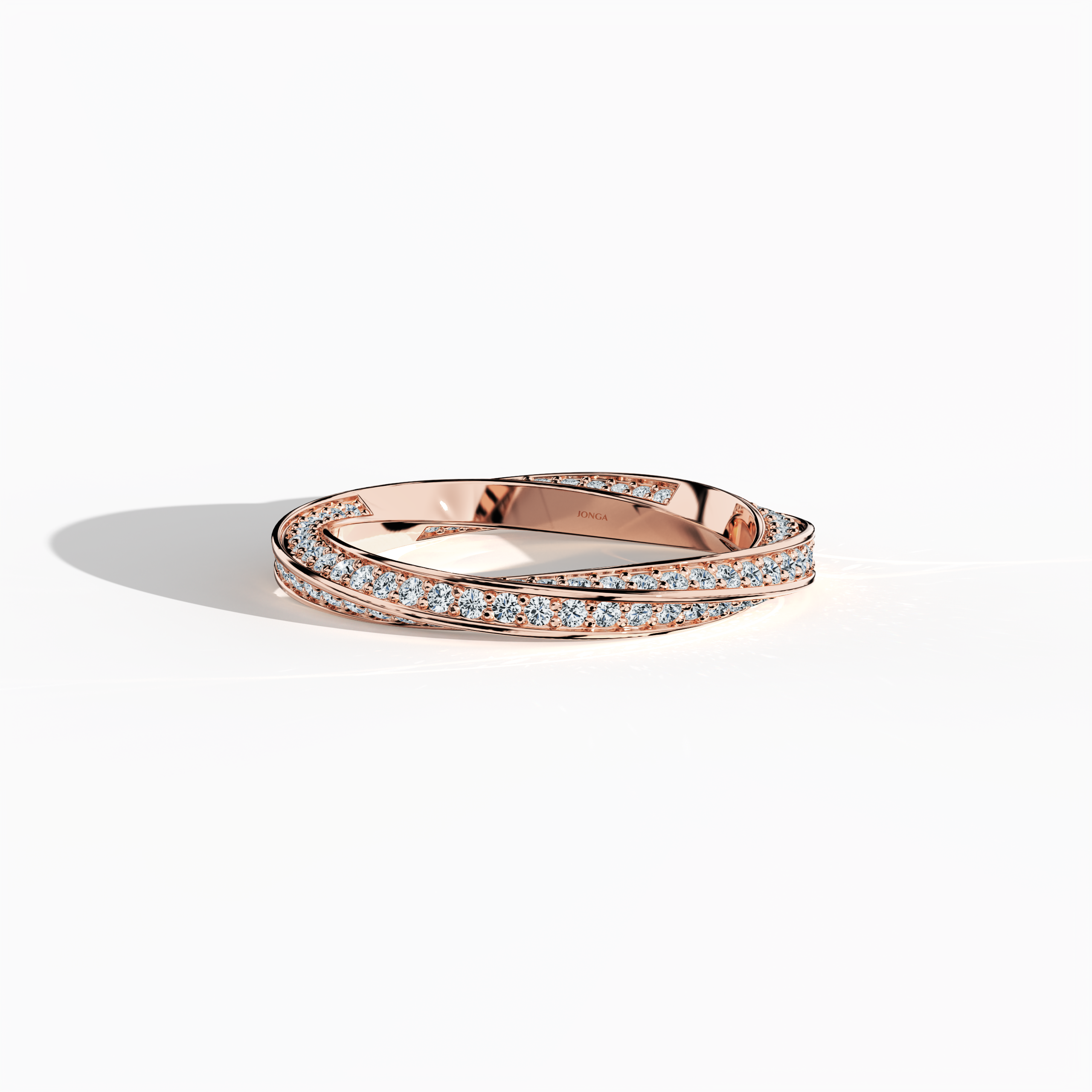 Shown from a sleeping front top view, this rose gold twisted diamond band displays a gracefully interwoven spiral design crowned by a dazzling 1.05 carat diamond. Also recognized as a helix or twisted band, its rosy finish—alternatively termed pink gold—enhances its warm, luxurious appeal. The detailed craftsmanship and contemporary lines convey timeless elegance, making this piece a standout emblem of refined artistry and modern design. Keywords: elegant, diamond, luxury, twisted, modern, rose gold.