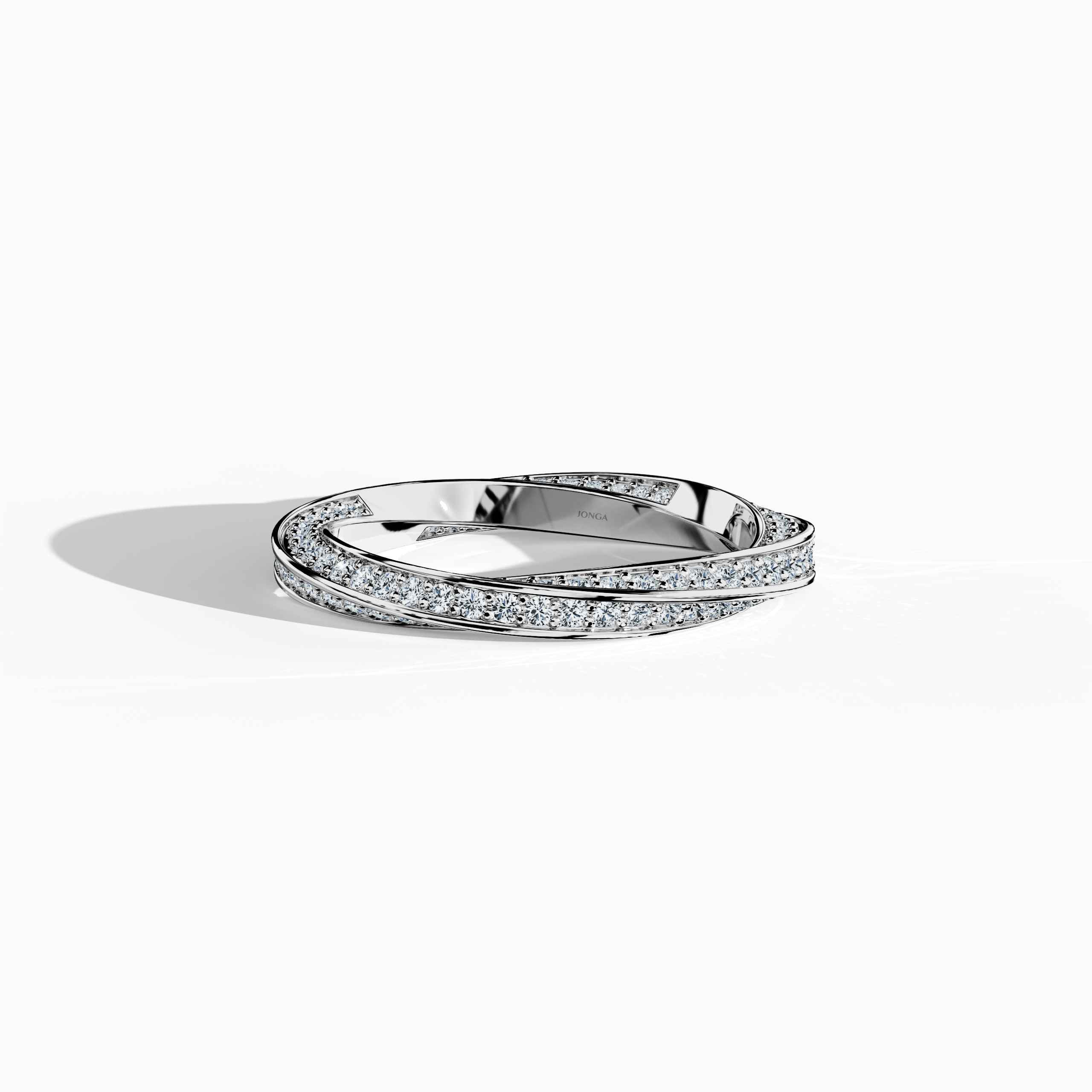 Captured from a standing front top side view, this white gold twisted diamond band reveals a dynamic interplay of curves and angles in its spiral, helix, and interwoven design. Embellished with a 1.05 carat diamond accent, the ring’s luminous white gold finish—often called argentum or bright white gold—enhances its sleek, modern appeal. This refined piece exemplifies luxury and expert artistry, combining timeless design with innovative detailing. Keywords: twisted, modern, luxury, elegant, diamond.