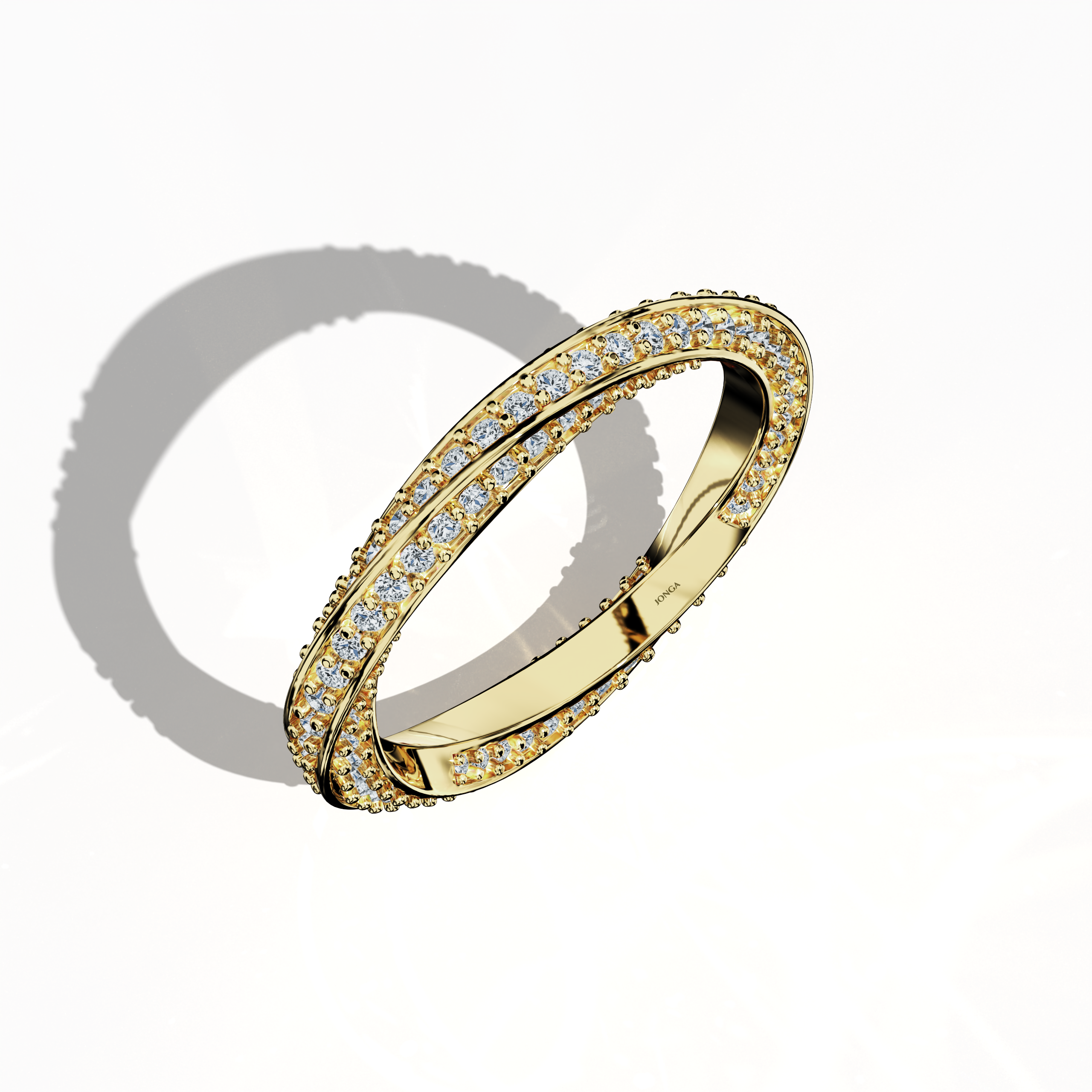 Captured from a standing front top side view, this yellow gold twisted diamond band reveals an intricately interwoven spiral design crowned by a luminous 1.05 carat diamond. Also described as a helix or twisted band, its warm golden alloy finish—commonly recognized as classic yellow gold—emphasizes superior craftsmanship and modern elegance. This luxurious piece melds timeless design with contemporary style, reflecting refined artistry and impeccable detail. Keywords: twisted, diamond, modern, elegant.