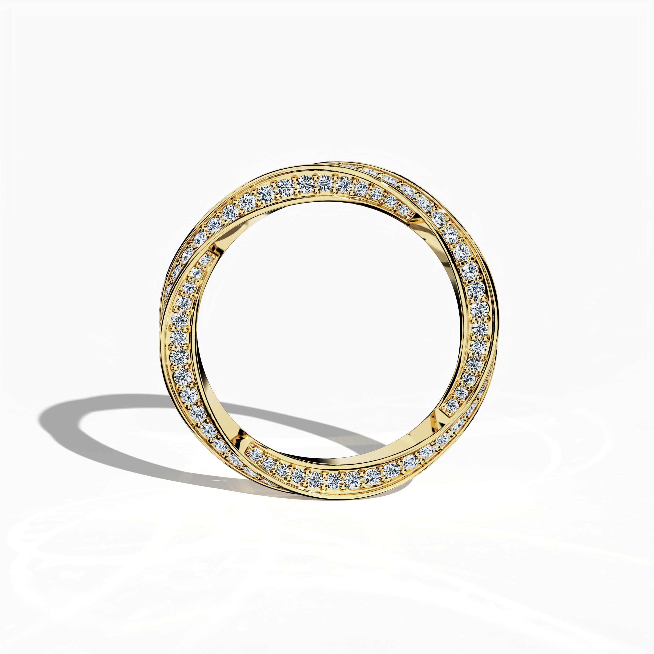 In this standing front view, the yellow gold twisted diamond band is artfully presented with a dynamic spiral design accentuated by a sparkling 1.05 carat diamond. Known as a helix, twisted, or interwoven band, its warm finish—celebrated as classic yellow or golden alloy—enhances the piece’s modern sophistication and timeless charm. This refined design epitomizes luxury craftsmanship and artistic detail, making it a coveted statement of contemporary elegance. Keywords: yellow gold, twisted, diamond, elegant