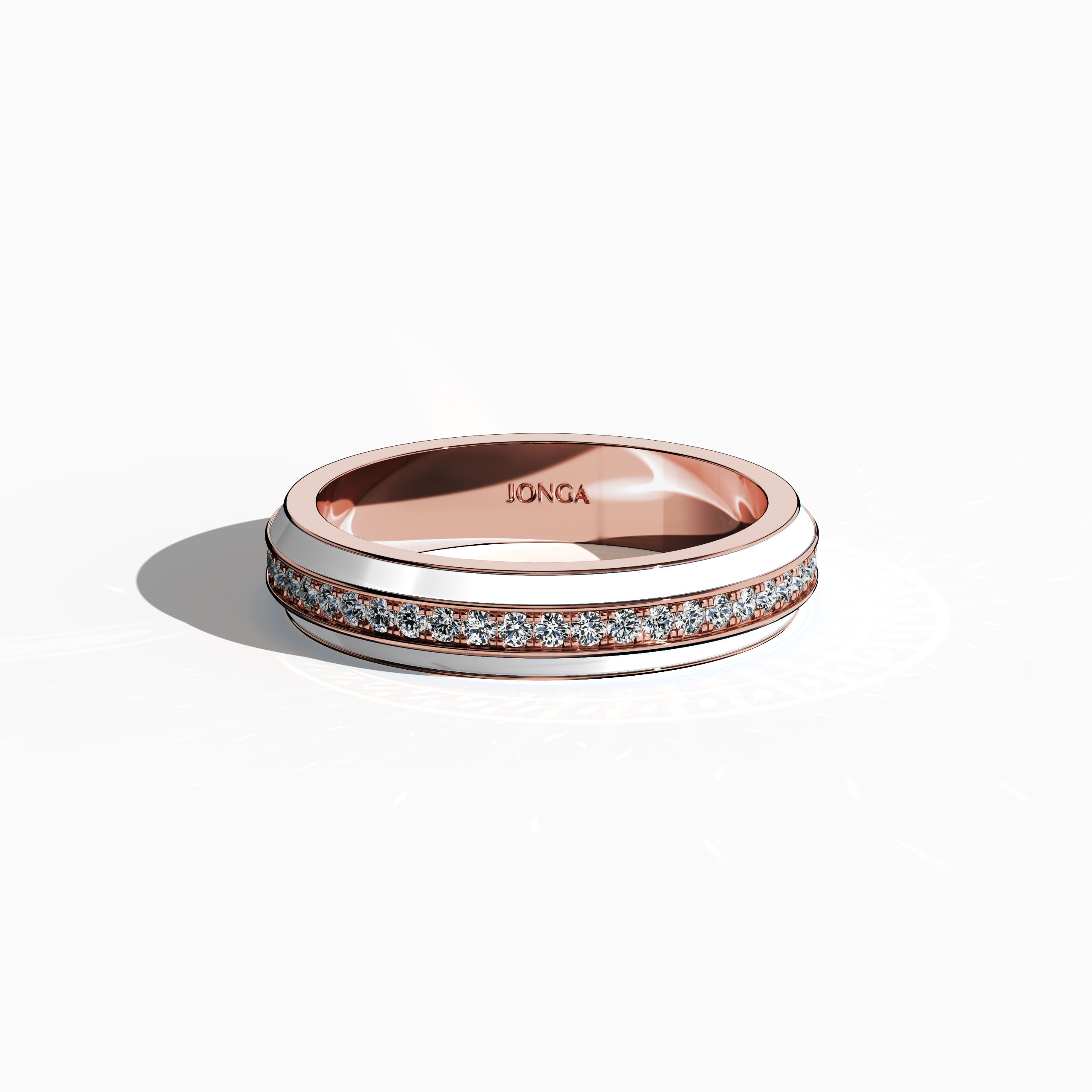 Discover the elegant fusion of warm rose gold and luminous white glossy enamel in this stunning ring, showcasing a dazzling 0.35 carat paved center stone. Captured from a sleeping front top view, the intricate pave band—known as Eternity Pave, Pavé Chic, and Carat Pave—reveals refined detailing and smooth contours. This luxurious design, merging classic warmth with modern luminosity, epitomizes contemporary sophistication and timeless designer artistry.
Keywords: enamel, luxury, pave design, chic.