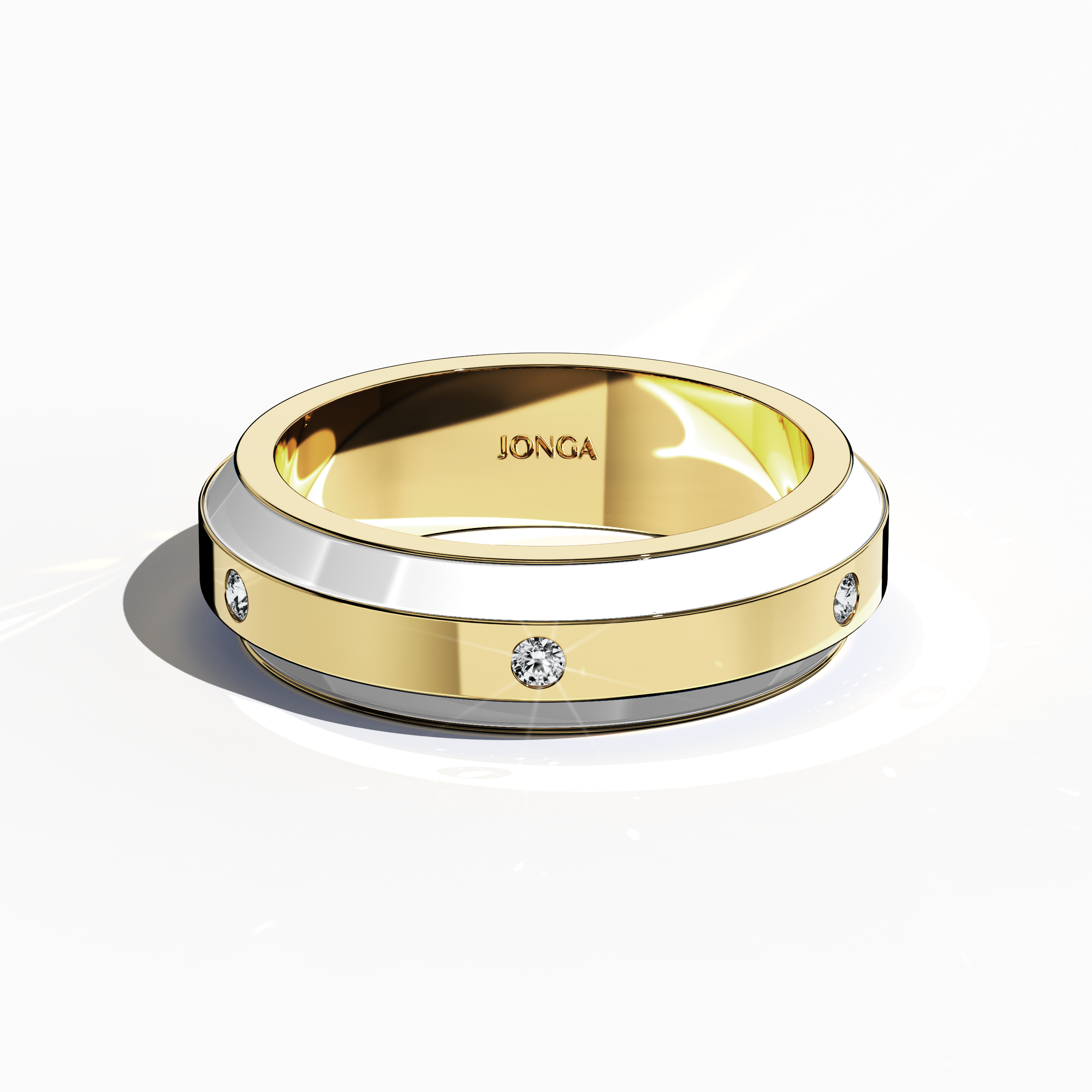 Exquisitely rendered in yellow gold with elegant white enamel, this six‐diamond ring features a glossy finish and a precise centerline of luminous diamonds (up to 0.20 carats). Known alternatively as “Radiant Curve,” “Timeless Chic,” and “Golden Allure,” its design exudes modern sophistication and enduring charm. Captured from a sleeping front top view, the image emphasizes exquisite detailing and keywords: luxury, designer, handcrafted, fine jewelry.