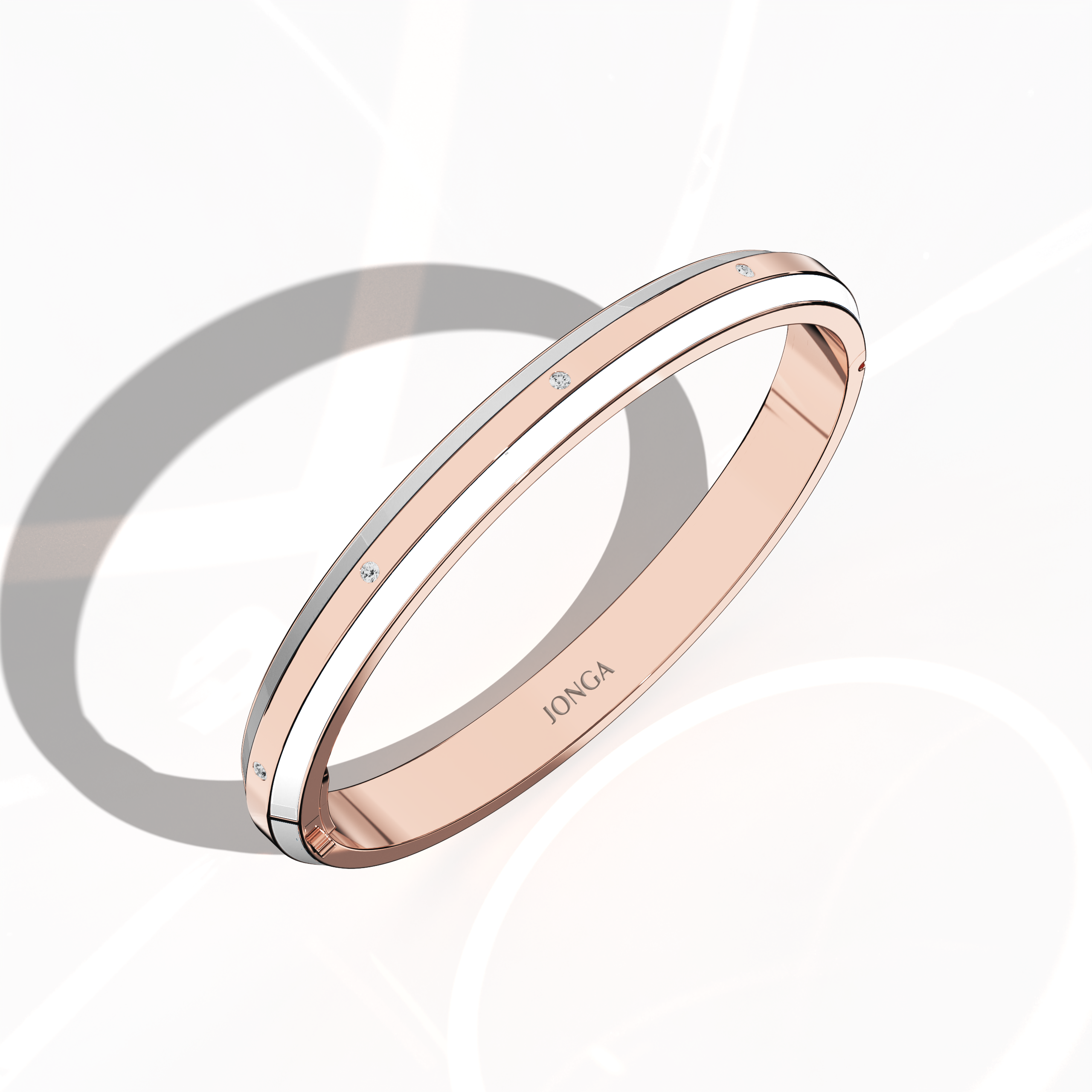 Standing front top side view of a side enamel 9-Diamonds bangle showcasing 0.25 carat total diamond weight in refined rose gold—also described as pink gold, red gold, or blush gold. This versatile piece, recognized as a diamond-encrusted bracelet, kada, or armlet, has a glossy white enamel trim—pearl or ivory toned—framing nine radiant diamonds. Keywords: diamond bangle, rose gold, white enamel, 9 diamonds, unisex.