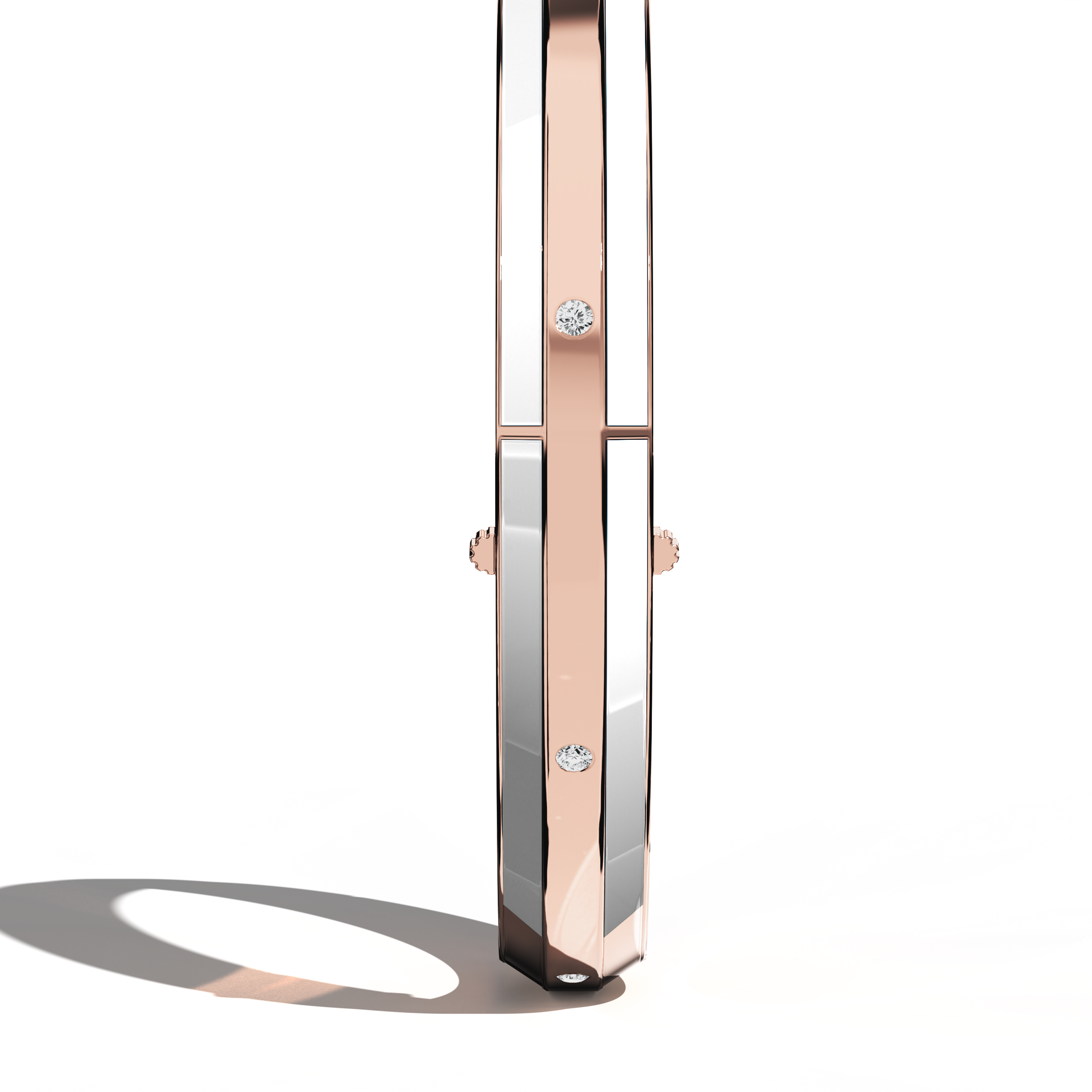 Standing side view of a side enamel 9-Diamonds bangle with 0.25 carat total diamond weight in delicate rose gold—sometimes known as pink gold, red gold, or blush gold. Renowned as a diamond-encrusted bracelet, kada, or armlet, it displays a lustrous white enamel accent—pearl or ivory tinted—spotlighting nine brilliant diamonds. Keywords: diamond bangle, rose gold, white enamel, 9 diamonds, elegance.