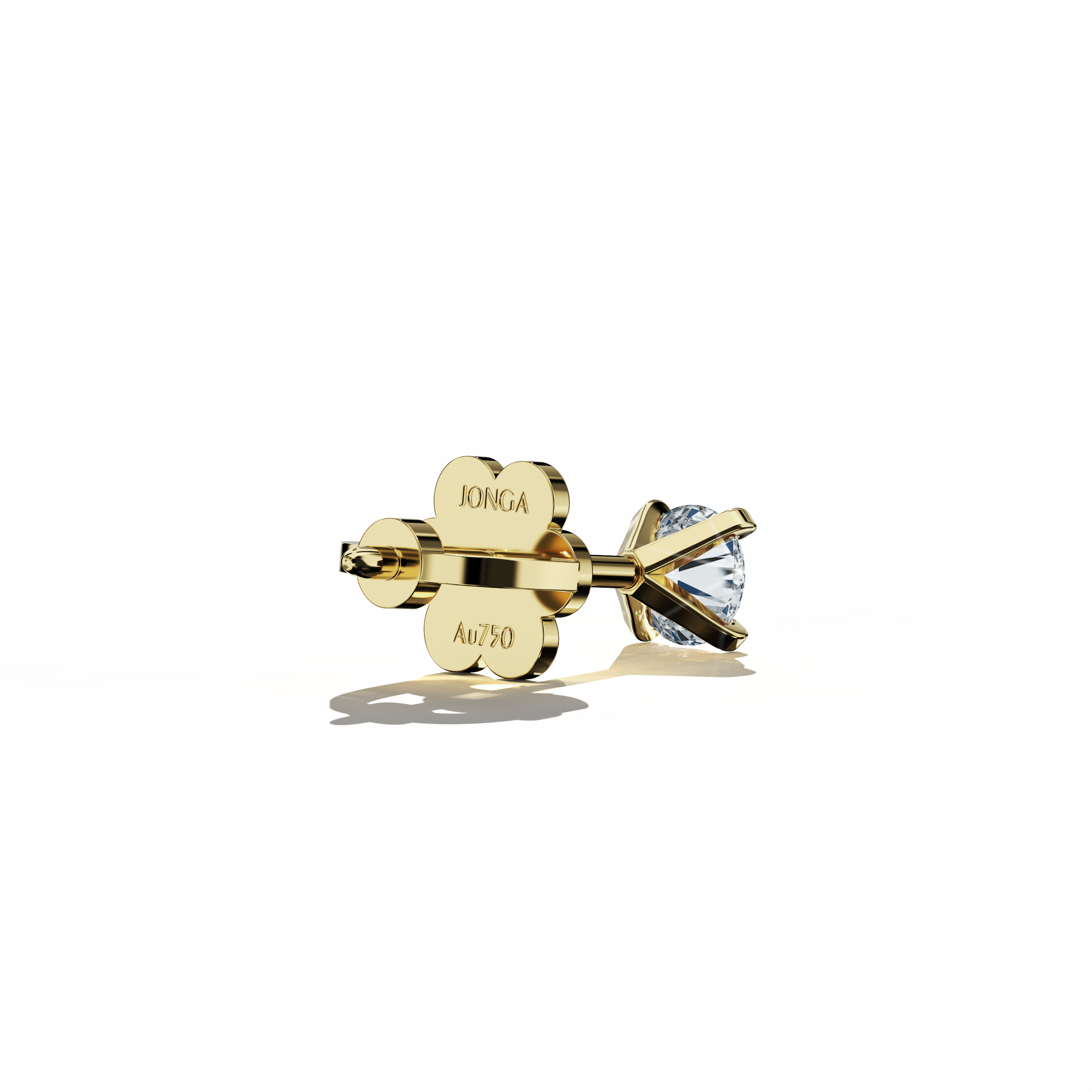 back side view of 0.60 carat natural diamond earring in 18k yellow gold with nail prong setting; diamond stud, 0.60ct solitaire diamond, luxury fine jewelry/fine jewellery ear accessory.